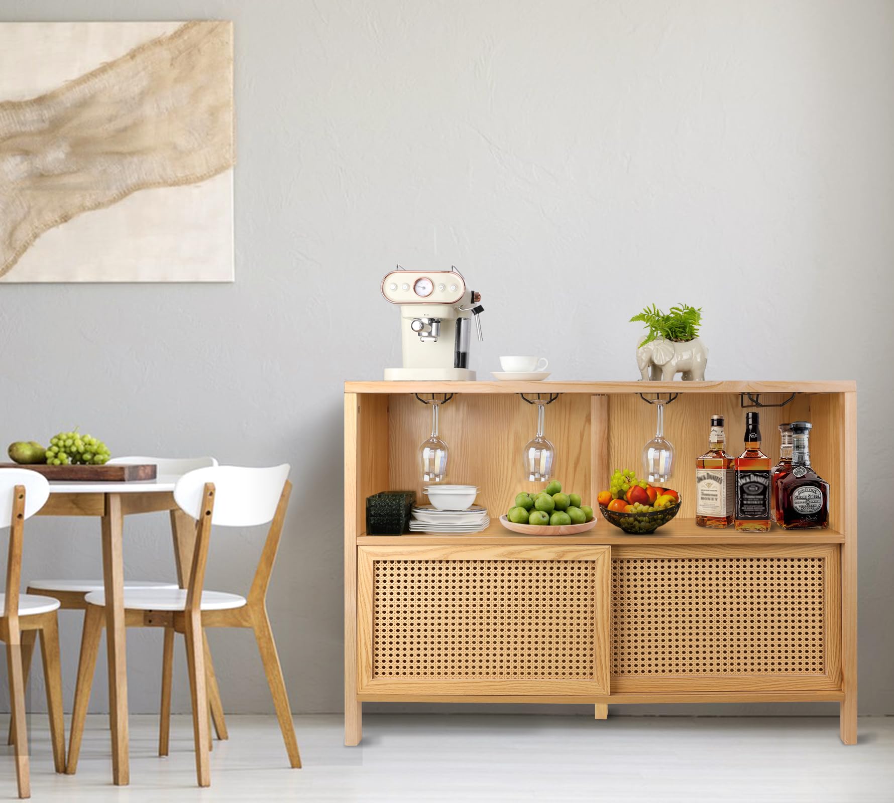 ZYBT Coffee Bar Cabinet with Storage - Rattan Liquor Cabinet for Home Bar, Wine & Glass Storage, Boho Sideboard Buffet Table for Kitchen & Dining Room | Perfect for Entertaining, Small Space Storage & Coffee Station Setup