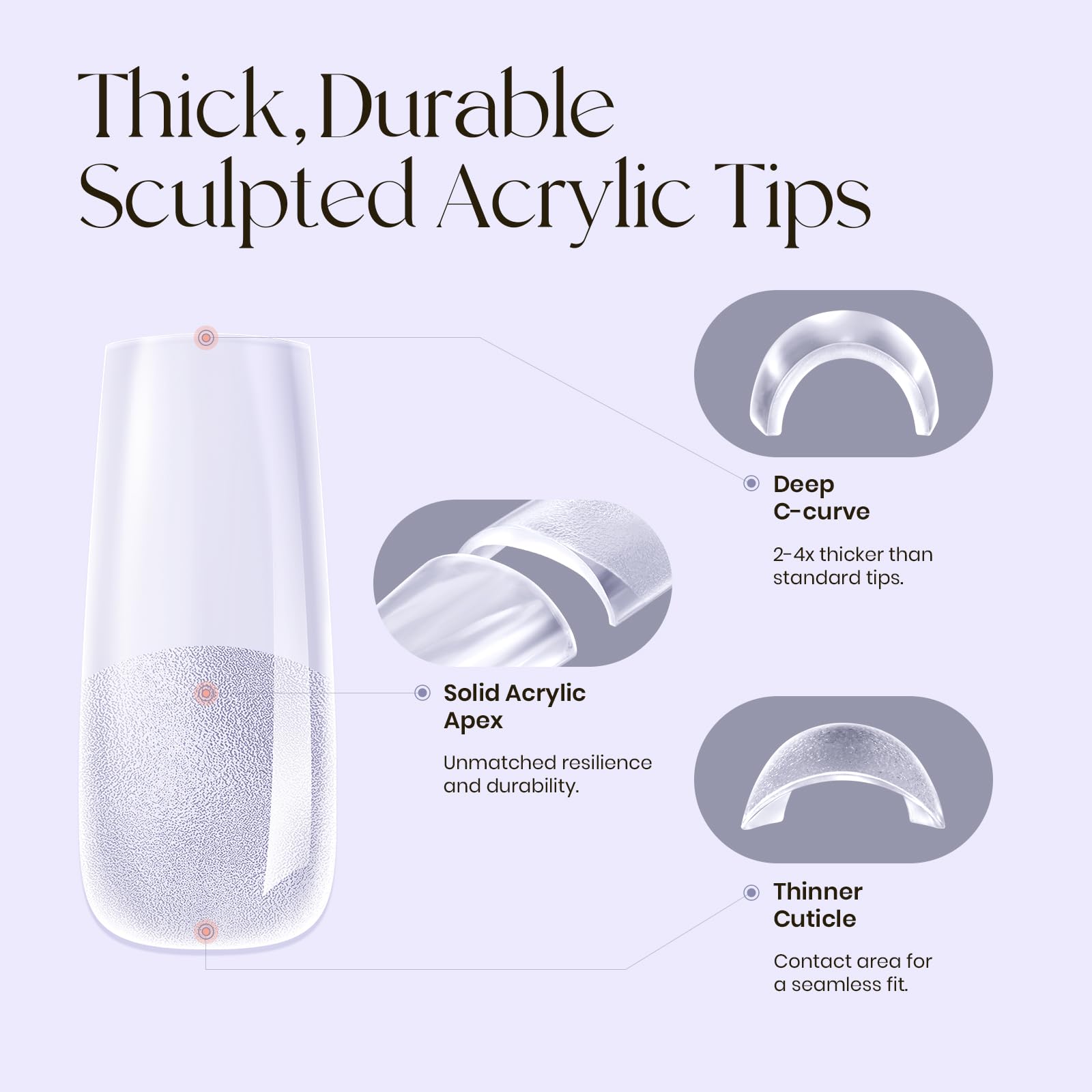 Premium Full Cover Gel Nail Tips - Long Square Thick Acrylic Press-on Nails with Pre-etched Design | Strong Clear False Nails with Matte Underside for Flat Nails | Perfect for Salon Quality Manicures, Special Occasions & Everyday Wear