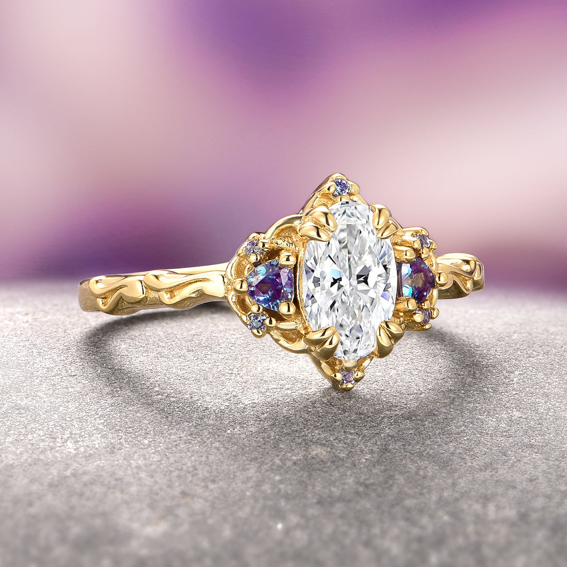 14K Solid Yellow Gold Moissanite & Alexandrite Ring for Women - Elegant Wedding, Engagement, Anniversary Jewelry Gift for Her