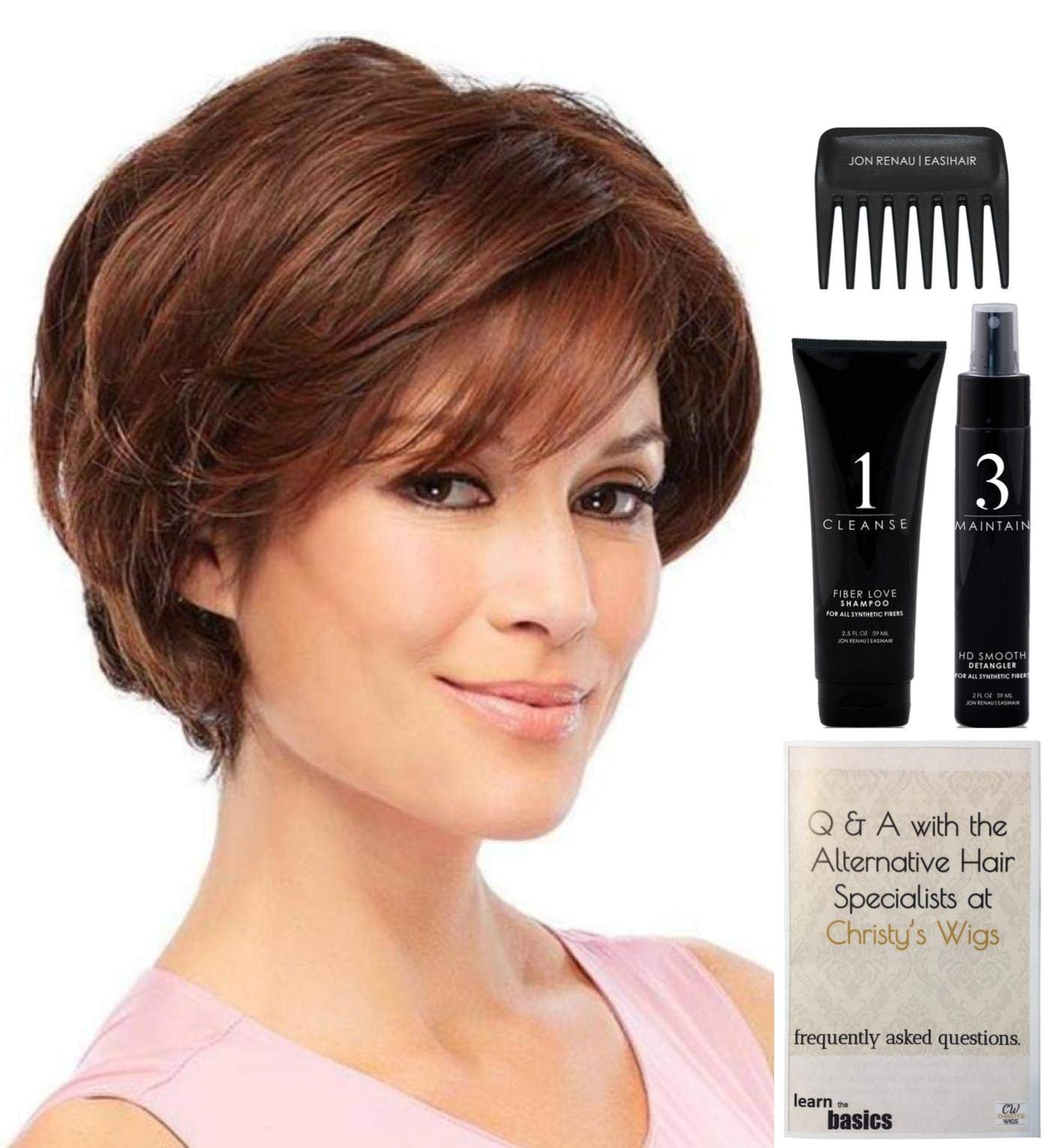 Jon Renau HEAT Friendly Synthetic Wig Bundle - 5 Items: Heat-Stylable Wig, Christy's Wigs Q&A Booklet, HD Smooth Detangler, Synthetic Shampoo & Wide Tooth Comb (Color 101F48T) | Perfect for Daily Wear, Cosplay & Special Occasions