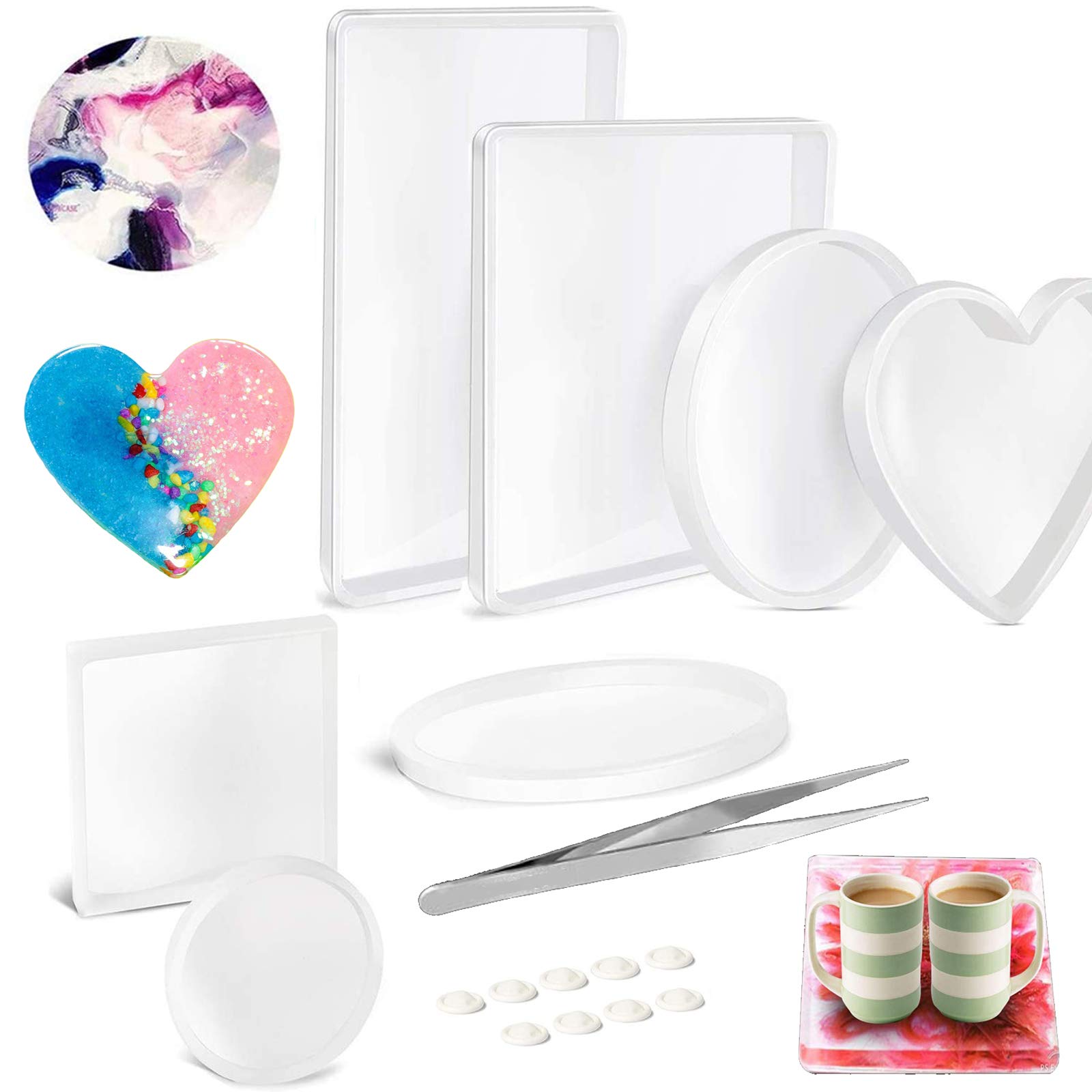 17PCS Large Silicone Resin Molds Kit for DIY Crafting - Round, Rectangle & Heart Shaped Coaster Molds, Big Resin Casting Molds for Epoxy Resin Projects - Perfect for Home Decor, Jewelry Making, and Gift Crafting