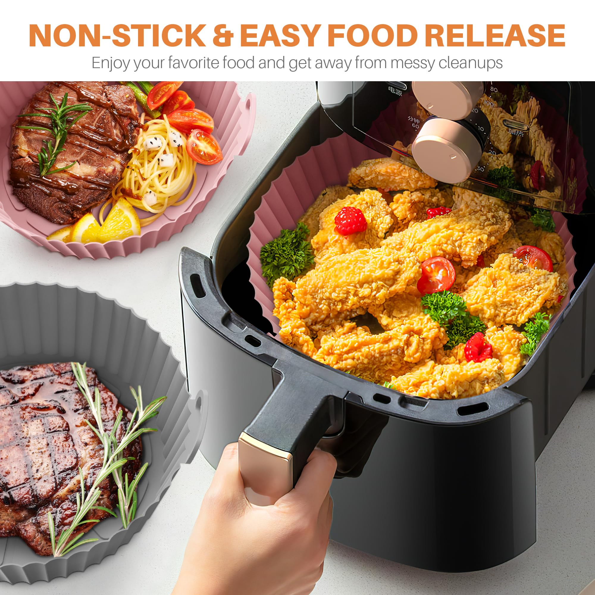 ME.FAN Air Fryer Silicone Liners for 4 to 7 QT [2 Pack] - Reusable Non-Stick Basket with Handles & Vent Holes - Oven Safe Accessories in Rose Pink & Light Grey - Perfect for Roasting, Baking, and Frying Healthy Meals