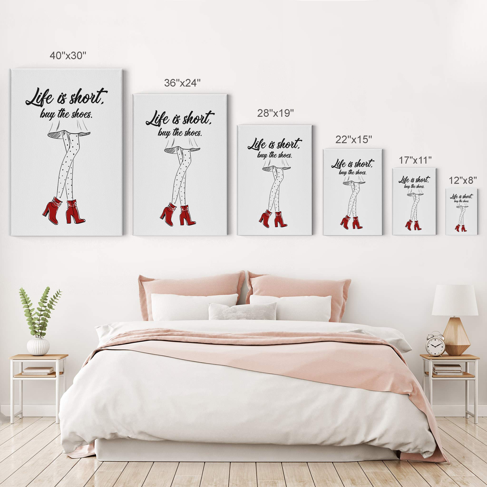 Life is Short Buy the Shoes Quote Wall Art - Red Boot Sketch Glam Fashion Canvas Print for Women's Office, Bathroom, Girls Room, Dorm, Bedroom & Living Room Decor - Ready to Hang 40x30 Inches - Perfect Motivational Gift for Shoe Lovers & Fashion Enthusiasts