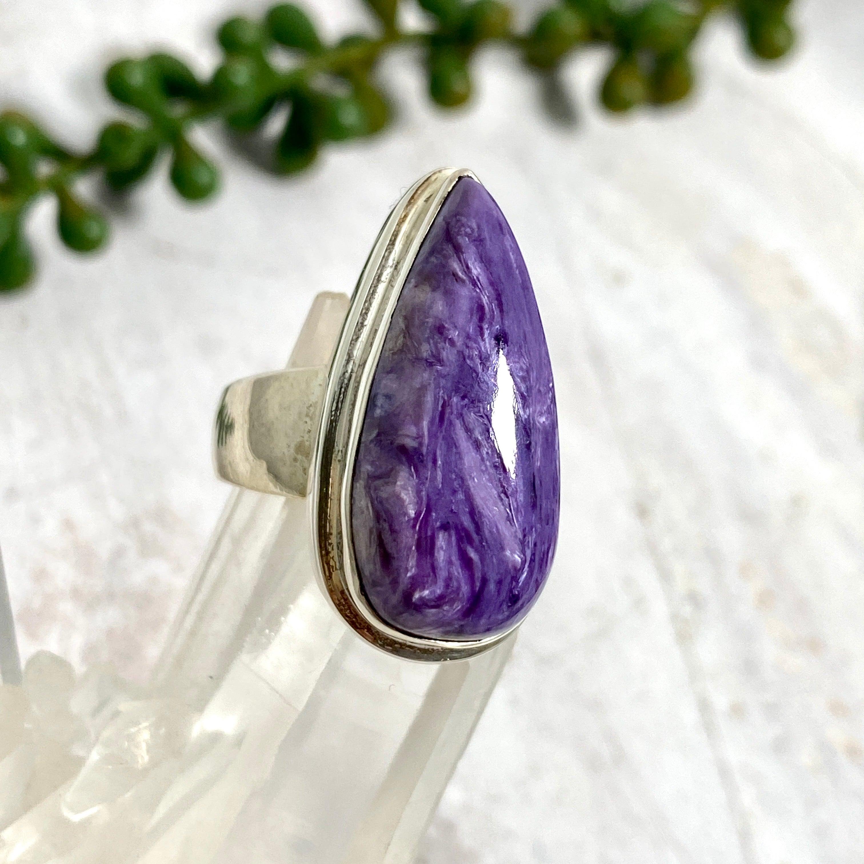Charoite Teardrop Ring - Size 7 - KRGJ2077 - Elegant Purple Gemstone Jewelry for Women - Perfect for Weddings, Parties & Special Occasions