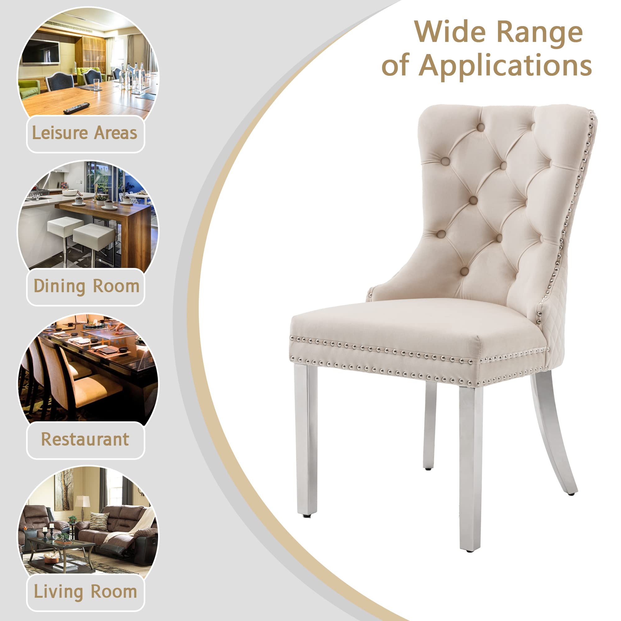 KCC Velvet Upholstered Dining Chairs Set of 2 - Modern Button Tufted Accent Chairs with Lion Head Pull Rings & Stainless Steel Legs for Living Room, Kitchen, Dining Area - Soft Beige Velvet Fabric - Perfect for Home Decor, Entertaining Guests & Cozy Meals