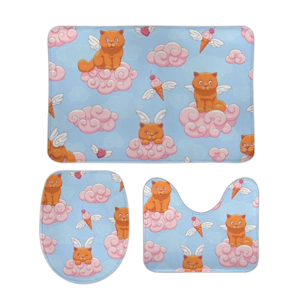 Cute Cartoon Kawaii Animals with Flying Hearts 3-Piece Non-Slip Bathroom Rug Set - Super Soft Absorbent Bath Mats for Shower, Tub & Toilet - Perfect for Bedroom, Sink, Office, Kitchen & Laundry Decor
