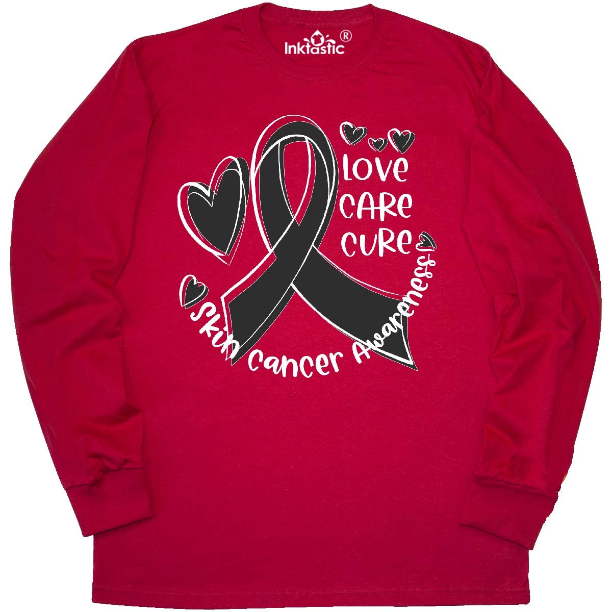 Inktastic Love, Care, Cure Skin Cancer Awareness Black Long Sleeve T-Shirt for Men & Women - Support Cancer Research & Awareness - Comfortable Cotton Tee for Fundraising Events & Daily Wear