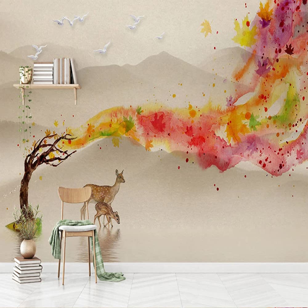 Cartoon Maple Leaf Doodle Deer Animal Landscape Self-Adhesive Wallpaper - Large Peel and Stick Removable Vinyl Mural for Bedroom & Living Room Decor | Perfect for Nursery, Kids Room, Dorm, Office & Home Interior Design