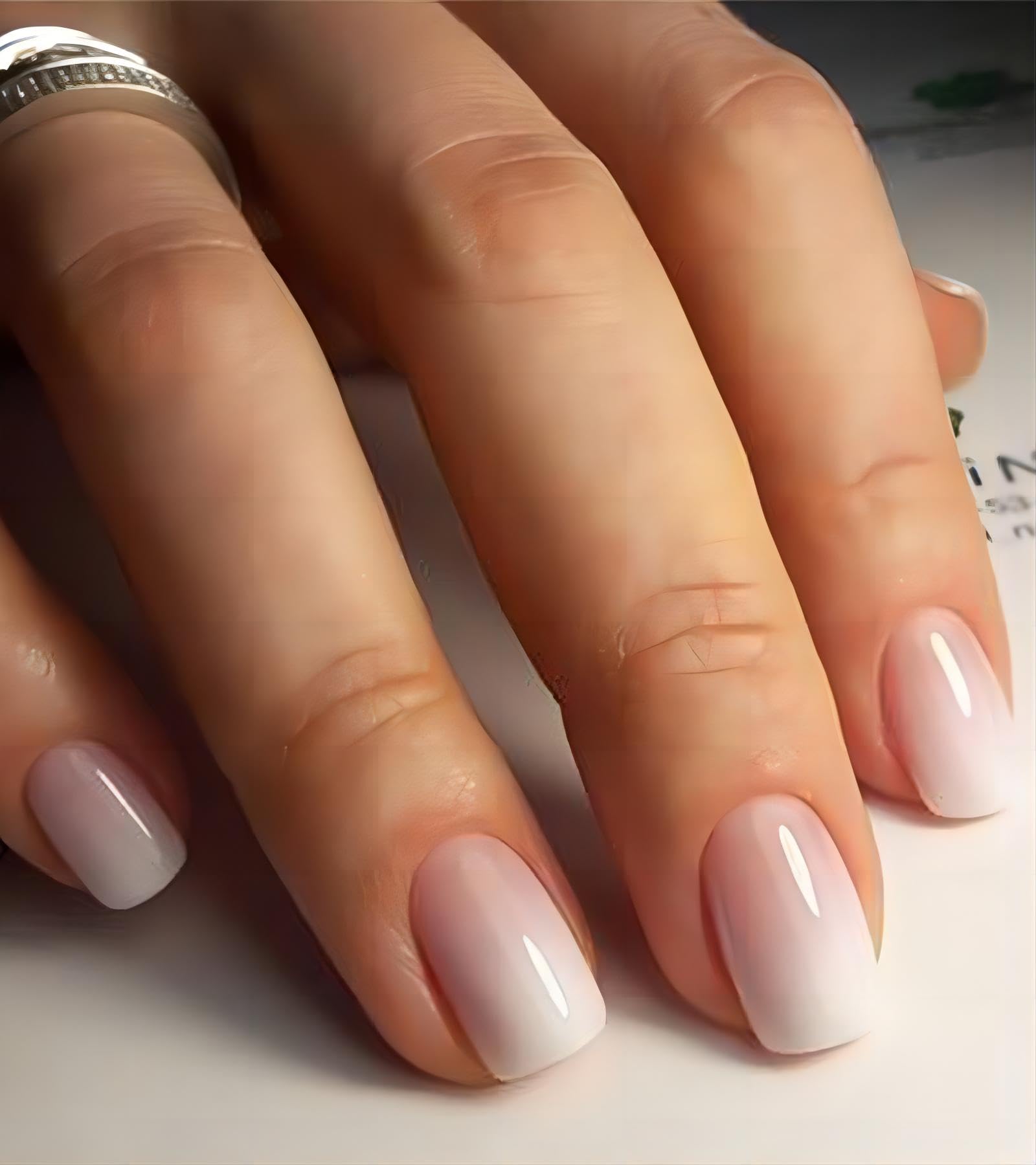24pcs Short Press On Nails - Ombre Square Fake Nails with French Tip Design, 12 Sizes Stick On Nails Kit with Jelly Stickers for Easy Application | Perfect for Parties, Weddings & Everyday Wear