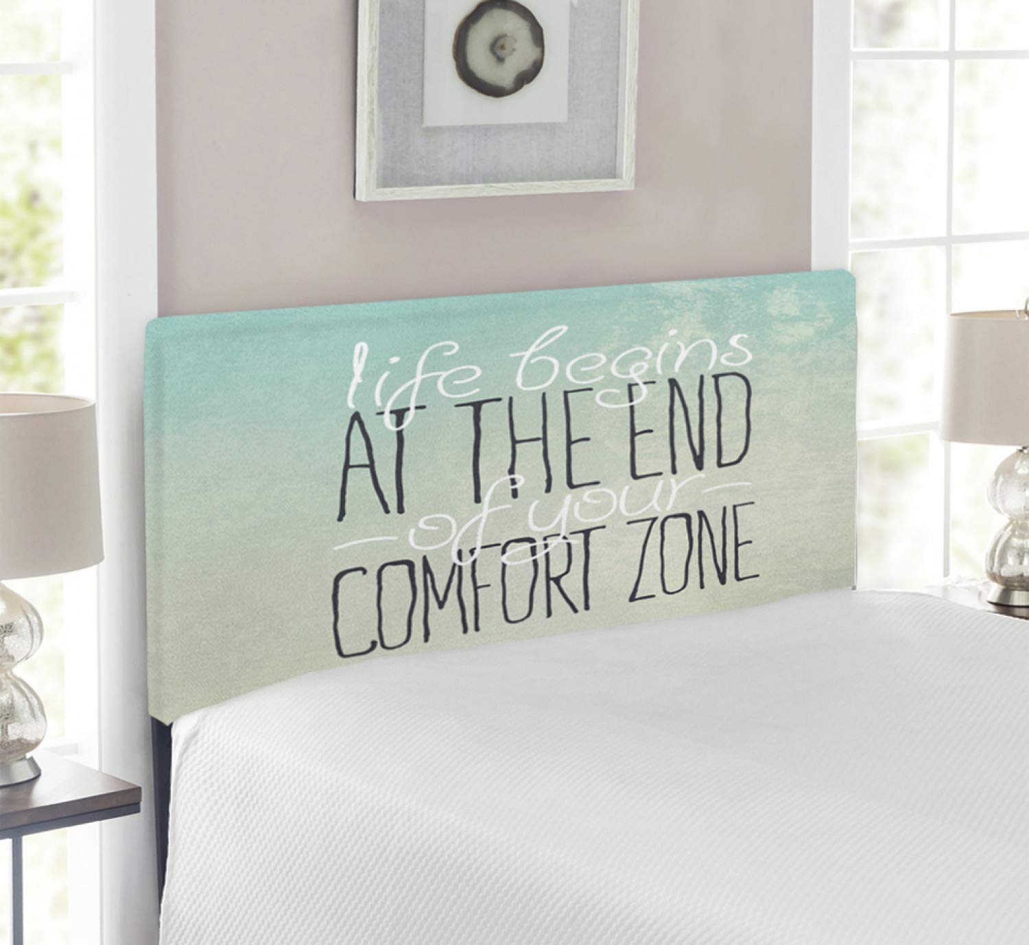Ambesonne Upholstered Twin Size Headboard with Memory Foam - 'Life Begins at The End of Your Comfort Zone' Inspirational Print - Decorative Metal Bed Frame for Bedroom, Guest Room & Dorm