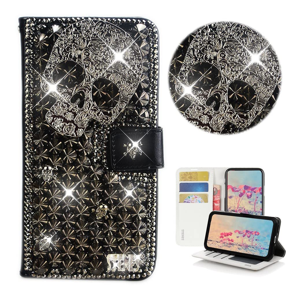 STENES Bling Wallet Phone Case for Moto Edge 5G UW - 3D Punk Skull Glitter Leather Cover with Magnetic Stand | Perfect for Daily Use & Travel