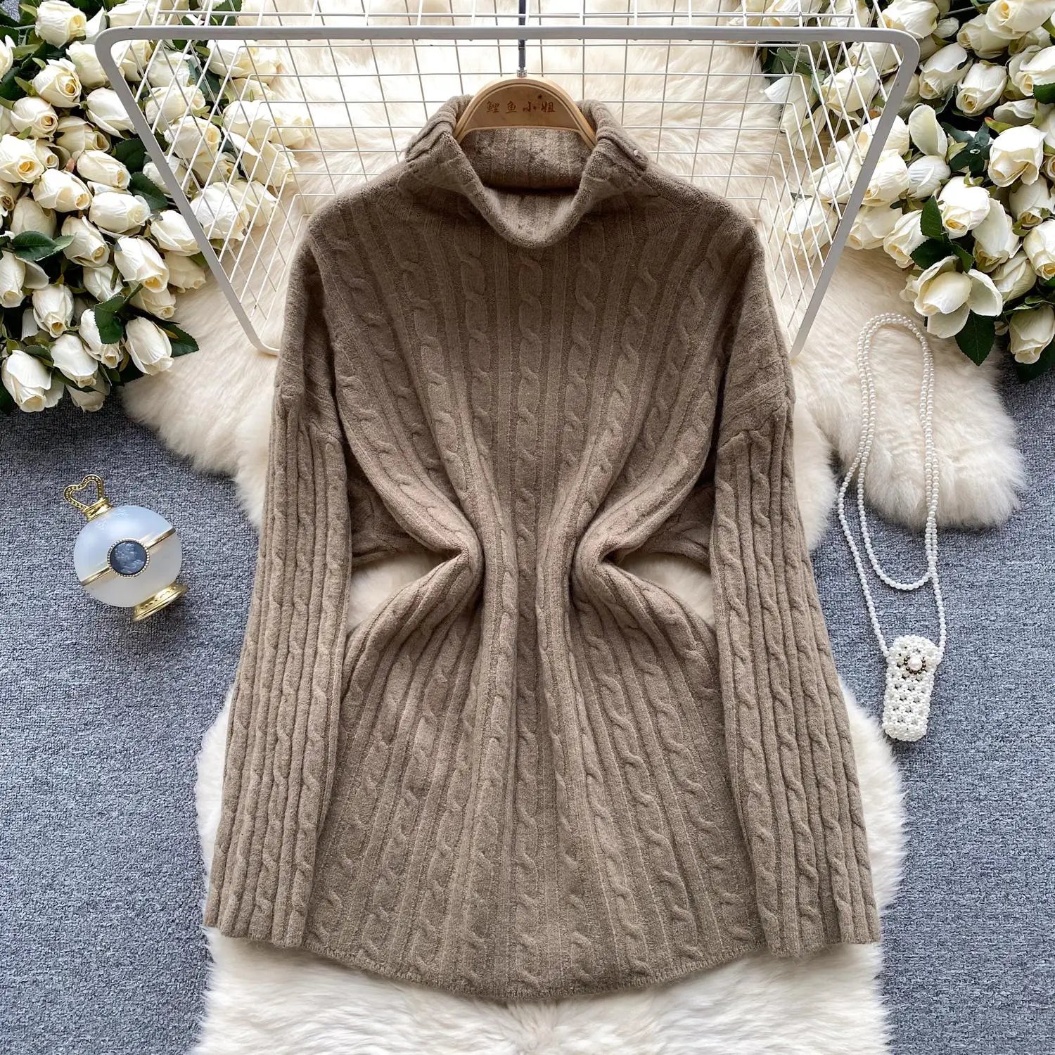 Women's Elegant High Neck Knit Sweater - Warm Winter Pullover with Long Sleeves, Loose Fit Crochet Top for Casual & Office Wear | Cozy Autumn Winter Fashion