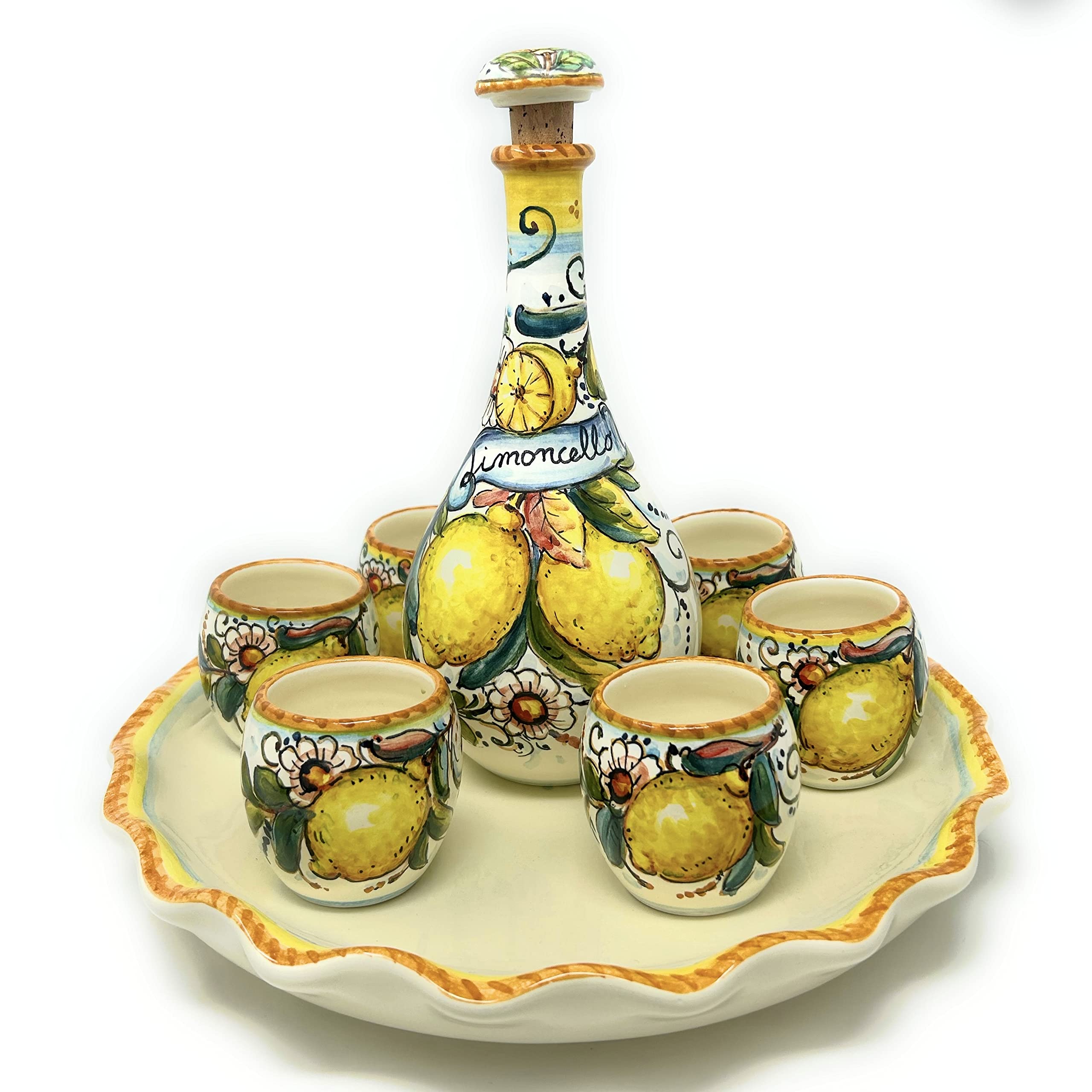 Italian Ceramic Pottery Set - Hand Painted Tuscan Limoncello Shot Glasses with Tray & Bottle (6 Cups) - Authentic Made in Italy Lemon Decor - Perfect for Home Bar, Gift Giving & Italian-Themed Parties