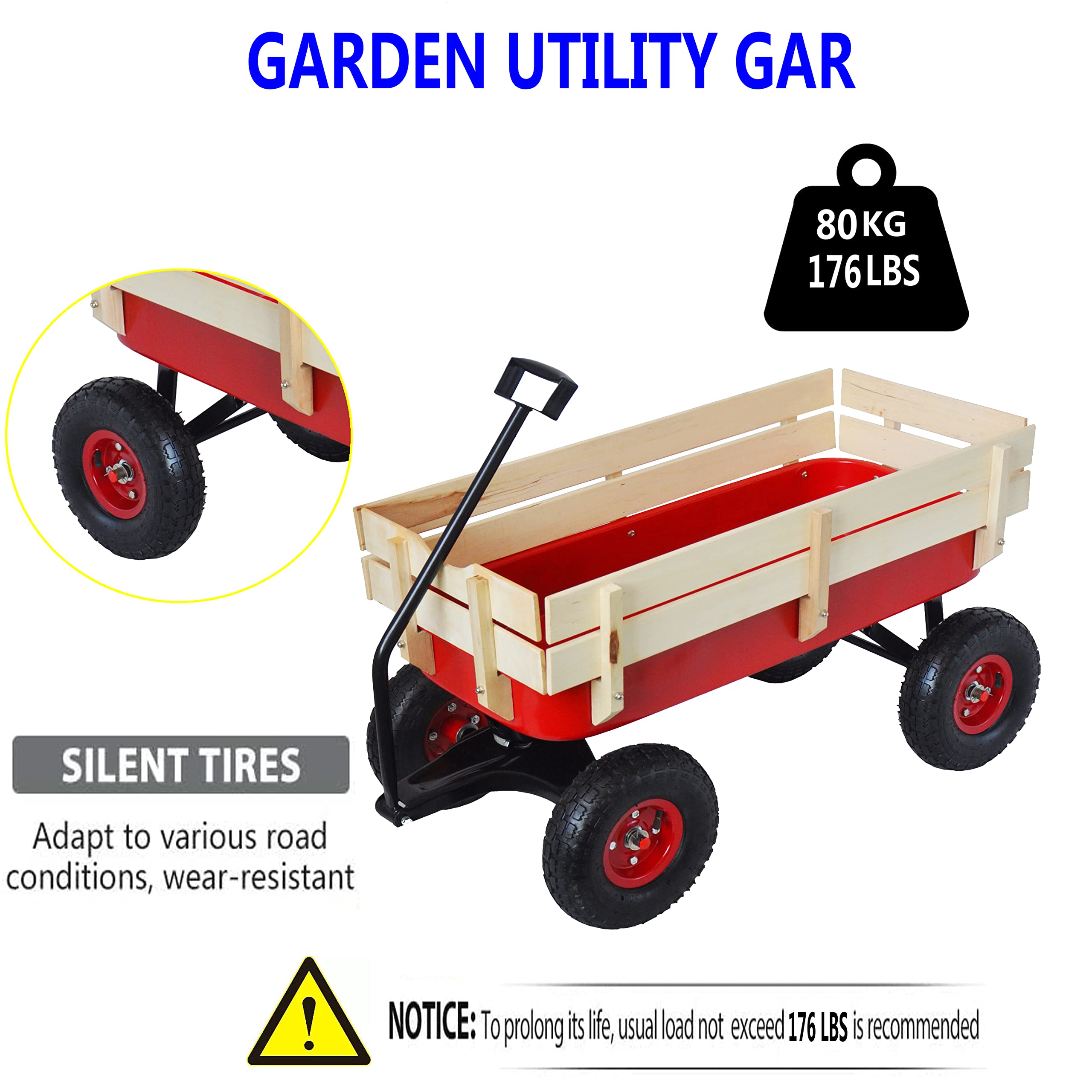 All-Terrain Outdoor Wagon with Wooden Railings & Air-Filled Tires - Heavy Duty Collapsible Garden Cart for Kids, Beach, Camping & Yard Work (Red)