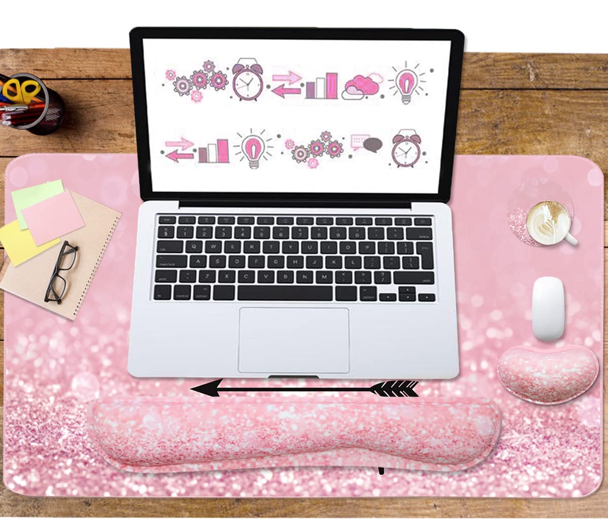 Ergonomic Keyboard and Mouse Pad Set with Memory Foam Wrist Rest - 35.4×15.7 Inch Extended Desk Mat for Comfortable Typing, Gaming & Office Work (3-Piece Set, Pink Stay Positive Design) - Perfect for Home Office, PC Gaming & Productivity Workspace