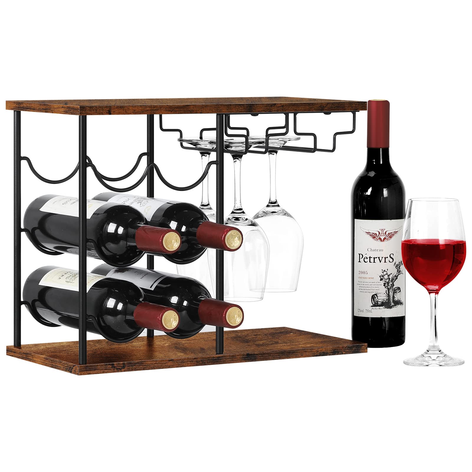 Premium Countertop Wine Rack - Holds 6 Bottles & 4 Glasses | Freestanding Wine Storage Organizer for Kitchen, Bar, Home, Cellar | Space-Saving Design for Small Spaces & Entertaining