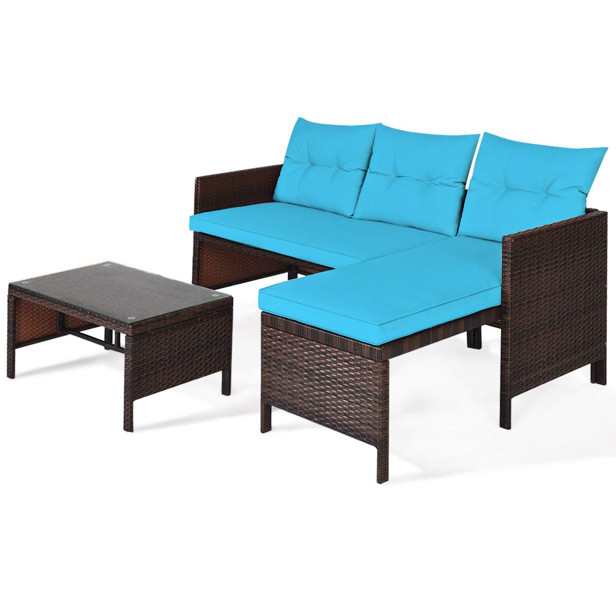 All-Weather Moccha Patio Furniture Set - 5-Piece Outdoor Sectional Sofa with Lounge Chaise, Loveseat & Coffee Table - Durable Rattan Wicker Couch with Washable Cushions - Turquoise Garden, Backyard, Lawn & Poolside Furniture for Relaxation