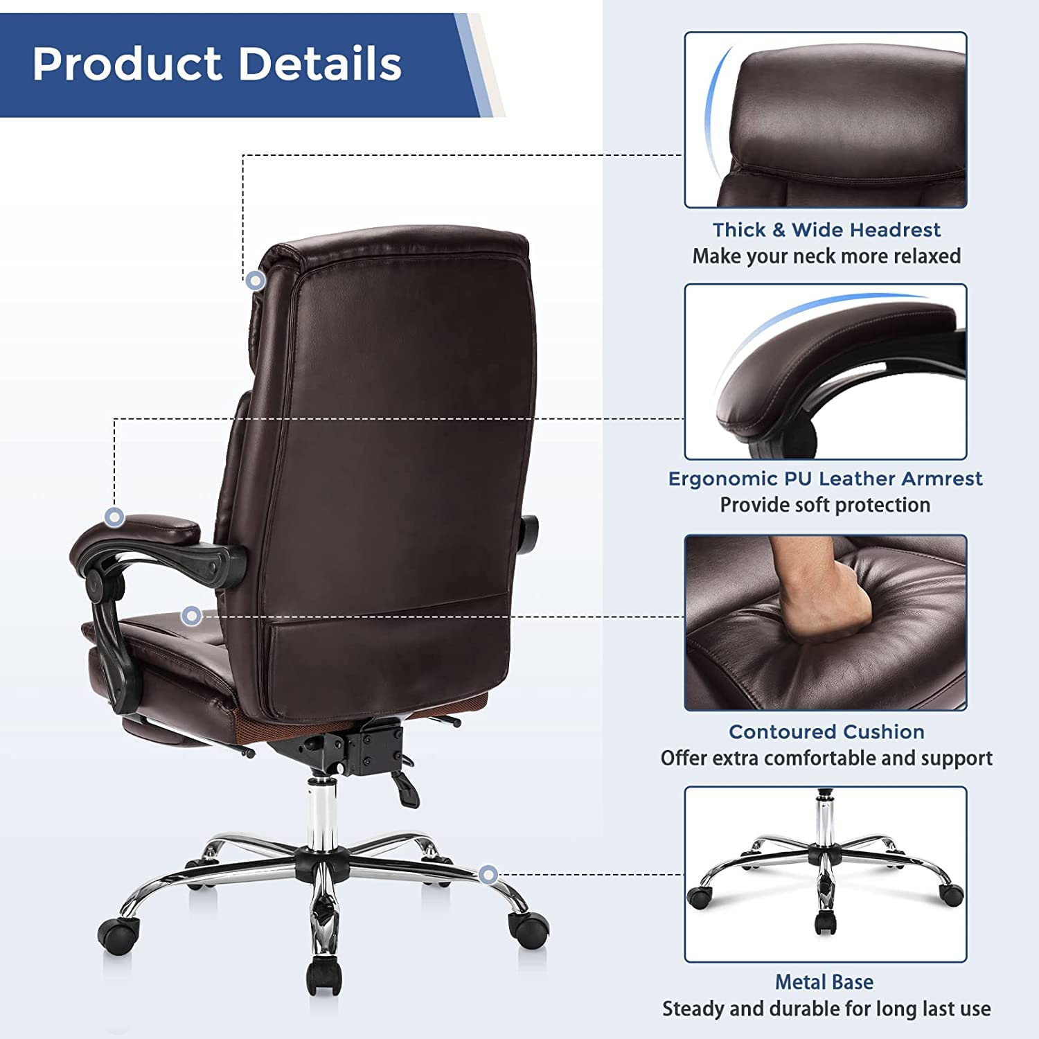 Premium Ergonomic Executive Office Chair - Big & Tall Leather Swivel Rolling Manager Chair with Adjustable High Back, Padded Armrests & Retractable Footrest - Perfect for Home Office, Gaming & Computer Workstations