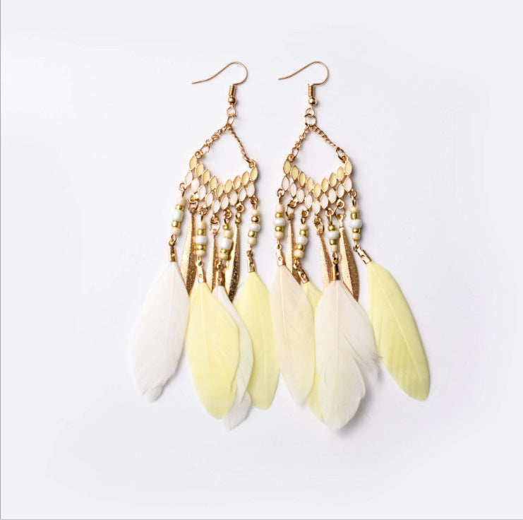 Vintage Bohemian Feather Earrings with Chain Tassel - Handmade Boho Jewelry for Women, Perfect for Festivals, Parties, and Casual Wear