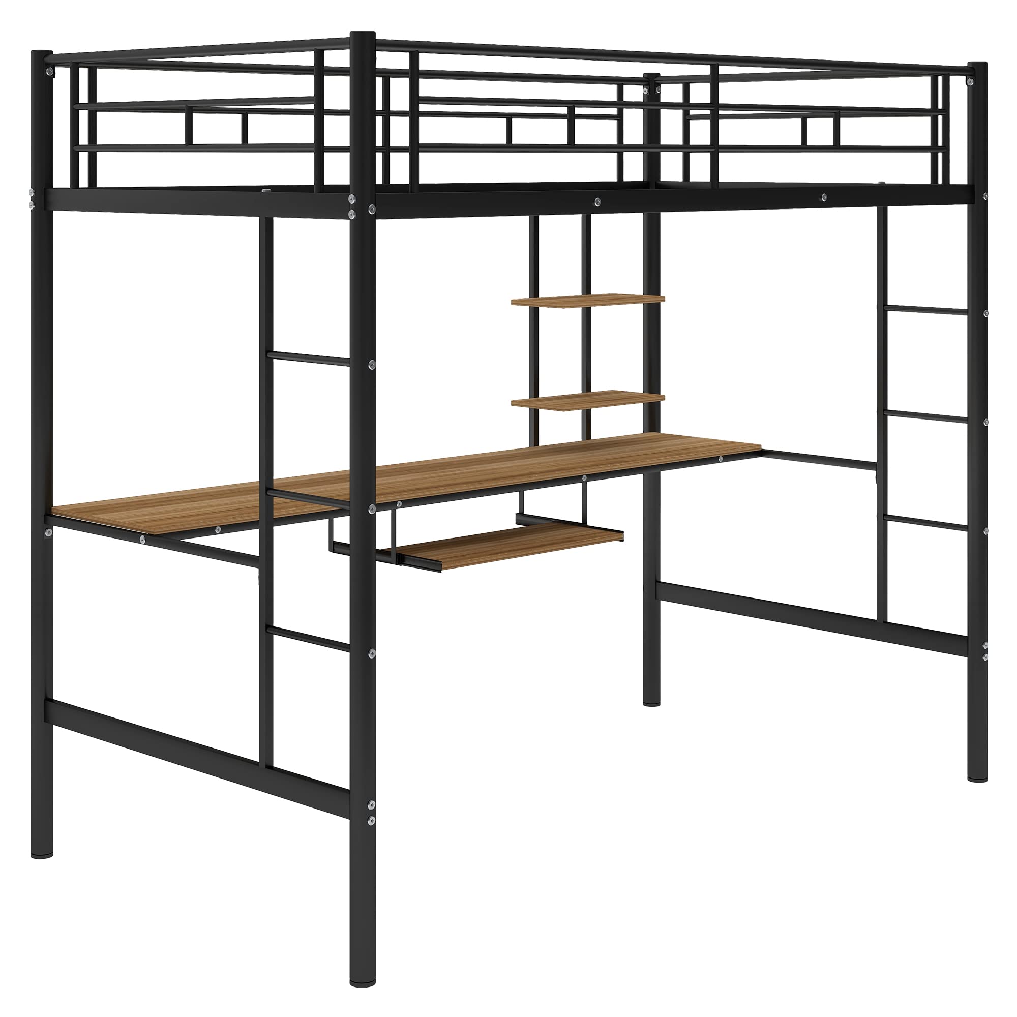 SOFTSEA Twin Size Metal Loft Bed Frame with Built-in Desk & Keyboard Tray - Space-Saving Study & Workstation for Small Rooms, Dorms & Apartments