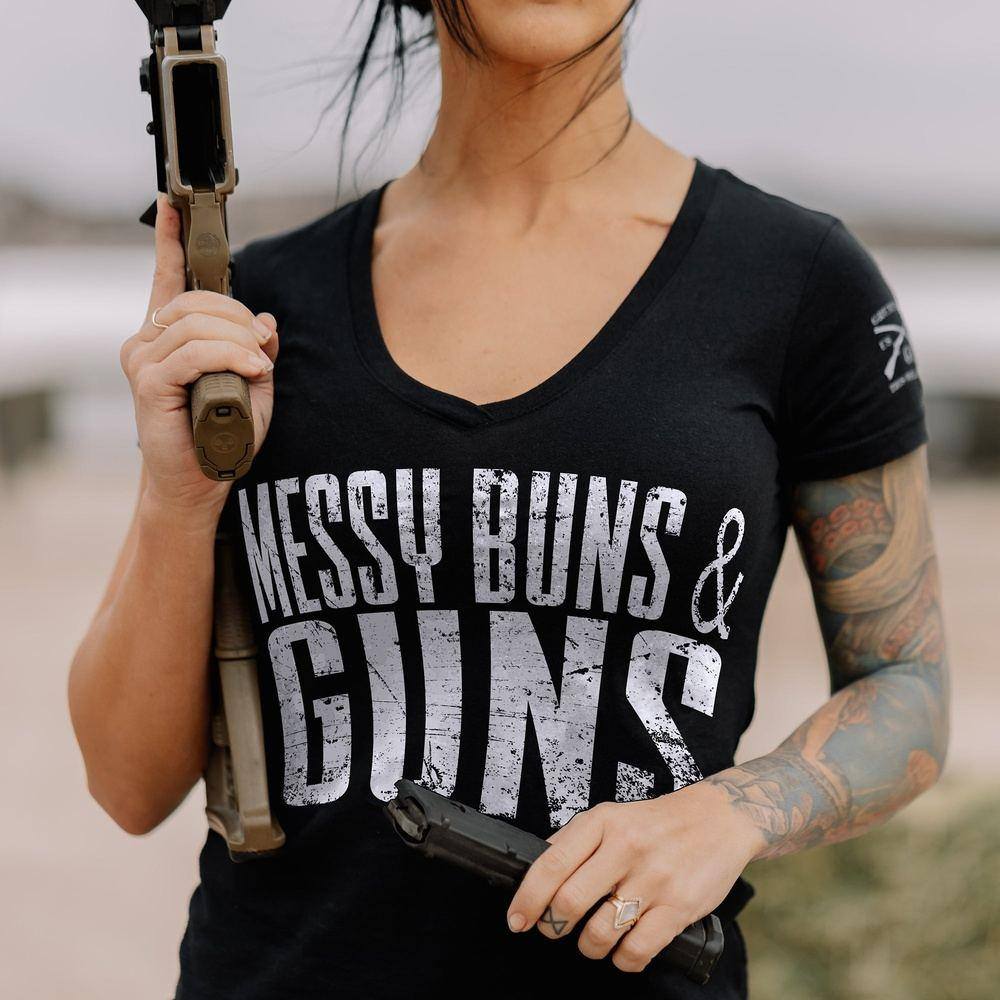 Women's Messy Buns & Guns V-Neck T-Shirt - Black | Soft Cotton Casual Tee for Workout, Gym & Everyday Wear