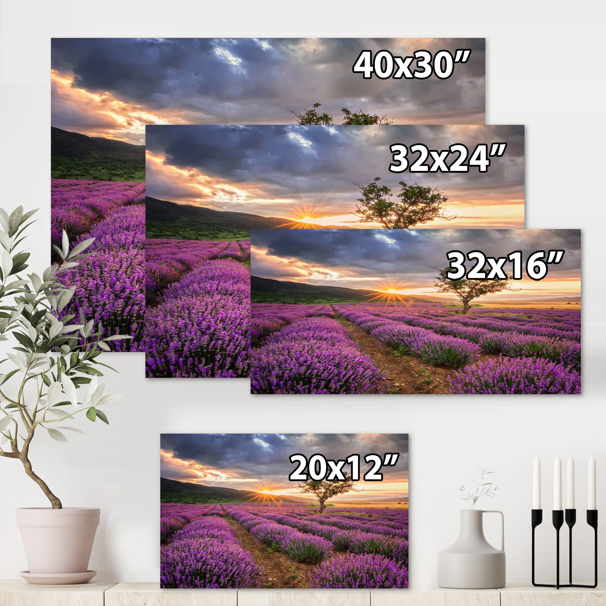 DesignQ Sunrise & Dramatic Clouds Over Lavender Field VIII - Farmhouse Style Canvas Wall Art Print for Living Room, Bedroom & Office Decor