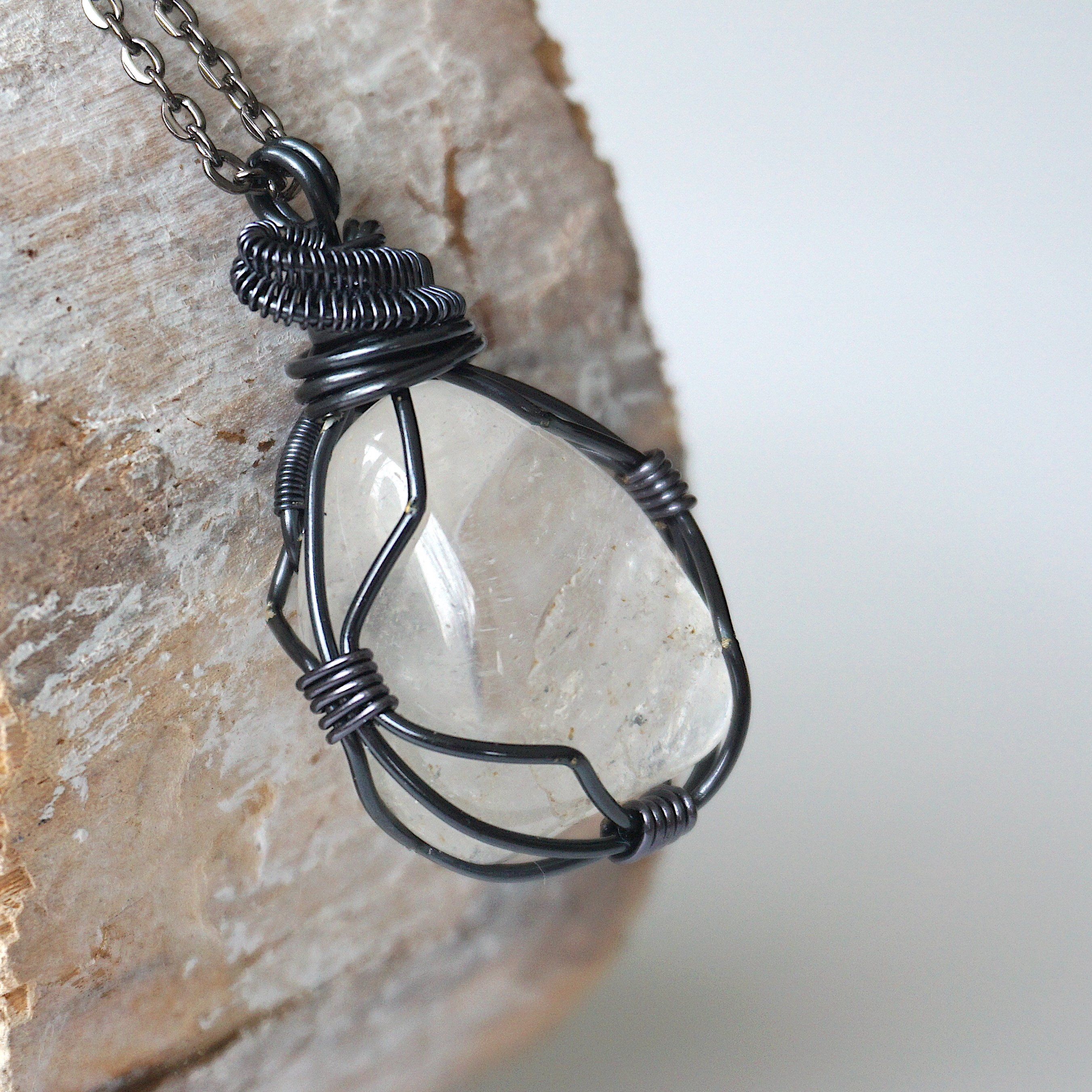 Men's Clear Quartz Pendant Necklace with Gunmetal Wire Wrap - Spiritual Healing Jewelry for Meditation, Energy Cleansing & Everyday Wear