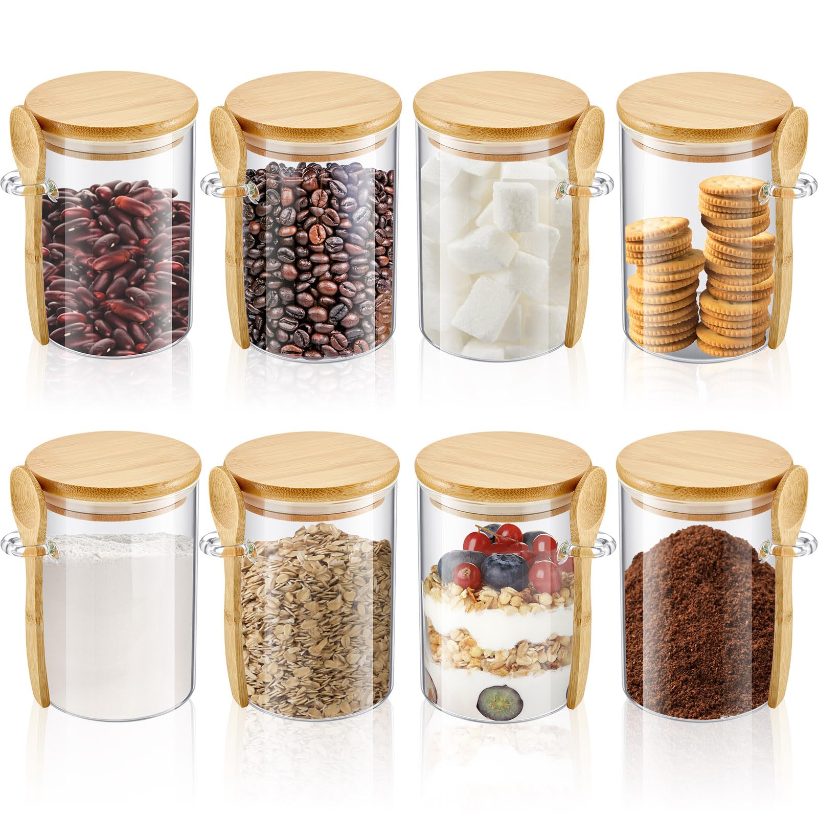 Premium Set of 8 Glass Storage Jars with Bamboo Lids & Spoons - 17oz Airtight Kitchen Canisters for Coffee, Sugar, Spices, Tea, Beans & Dry Goods - Perfect for Pantry Organization & Home Kitchen Storage