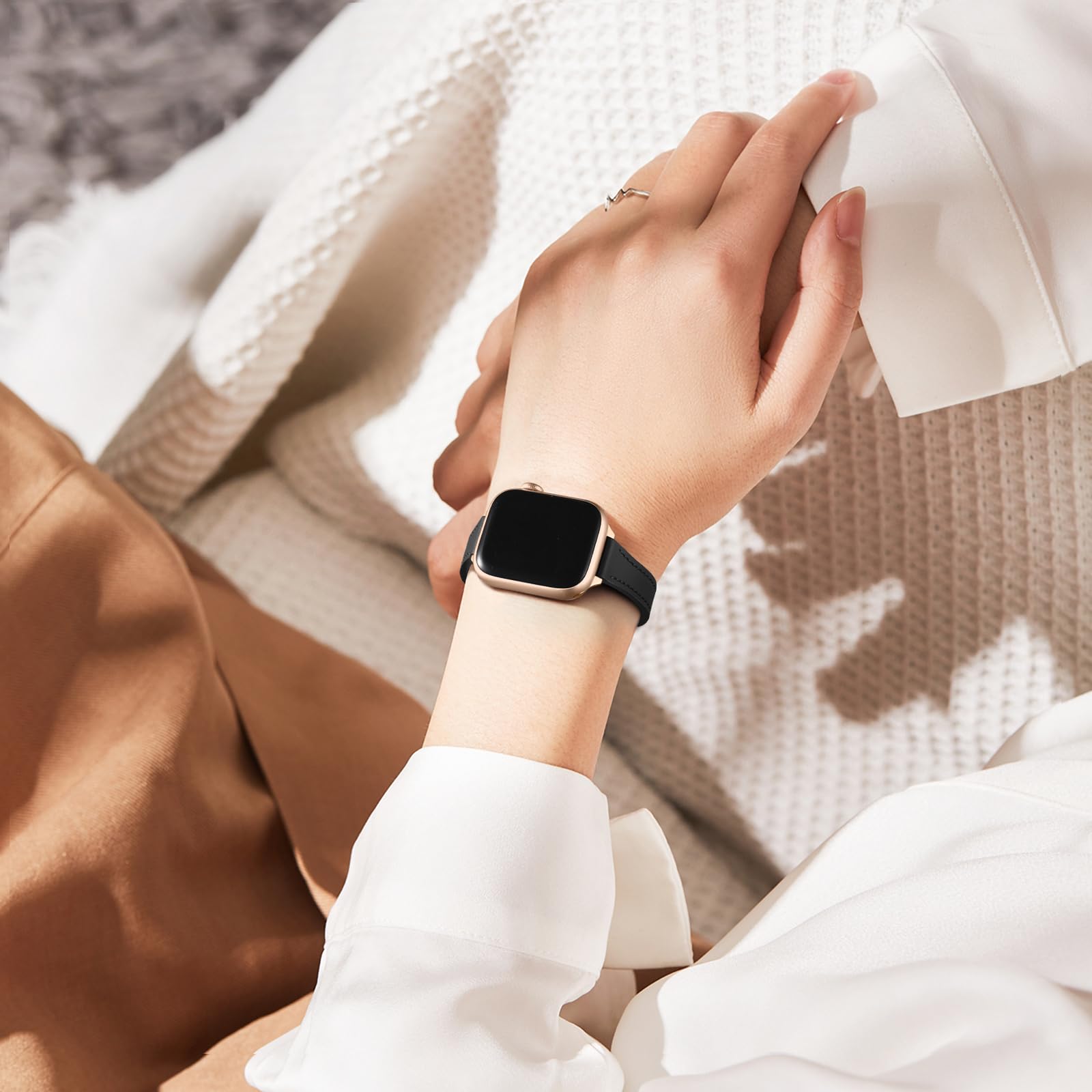 Premium Leather Strap for Apple Watch 38mm 40mm 41mm 42mm 44mm 45mm 46mm 49mm - Slim Thin Band Compatible with All Series (SE, Ultra 2, Series 1-10) - Elegant Women's Watch Accessory for Work, Gym & Everyday Wear