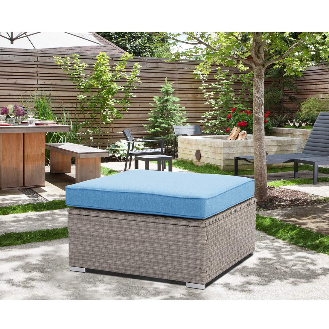 HOMPUS Outdoor Patio Furniture Set - Gray Wicker Ottoman with Blue Cushion for Garden, Poolside, Backyard Relaxation - Weather-Resistant Lounge Seating for Outdoor Living Spaces