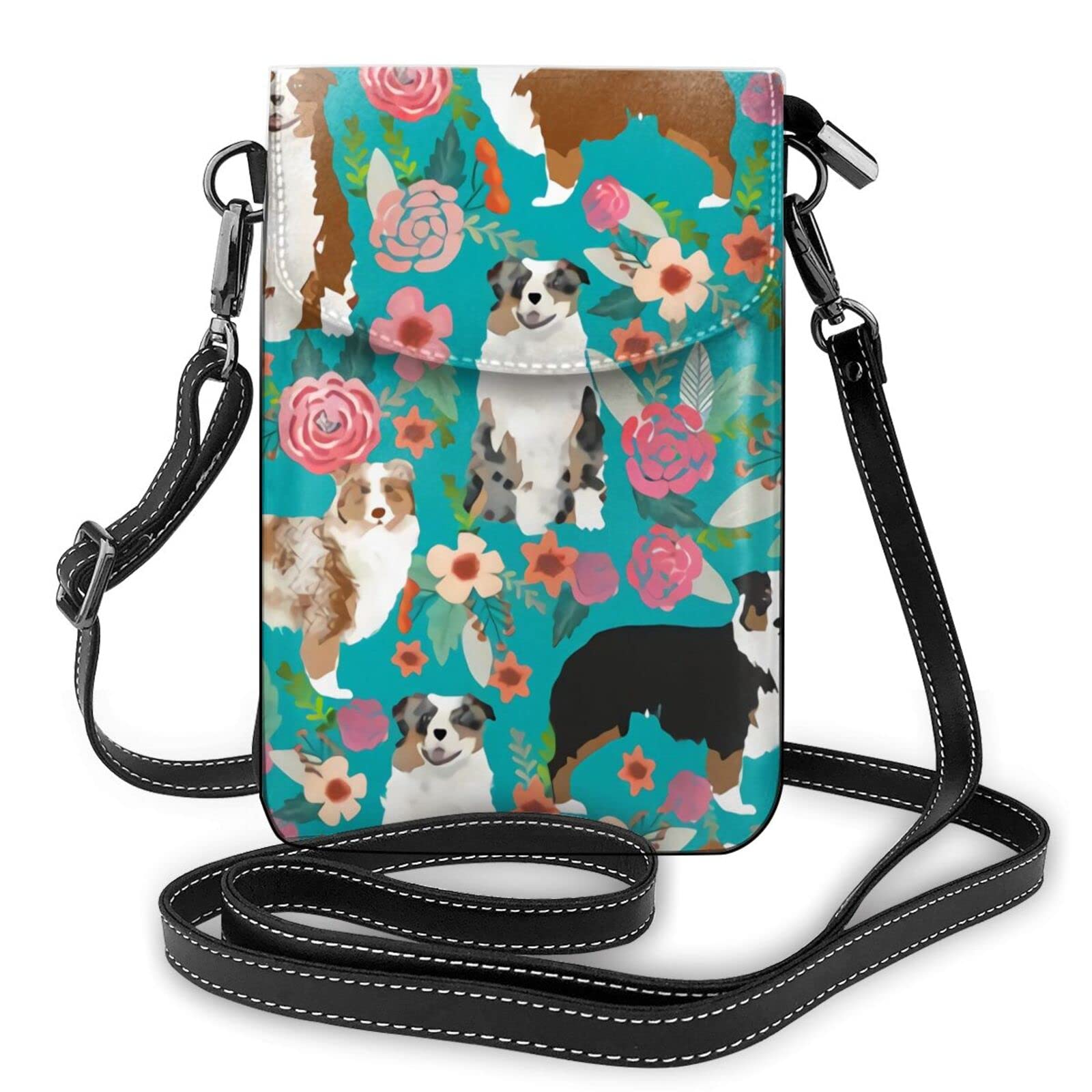 Australian Shepherd Dog Floral Print PU Leather Crossbody Phone Purse for Women - Stylish Small Wallet Bag for Daily Use, Travel & Shopping