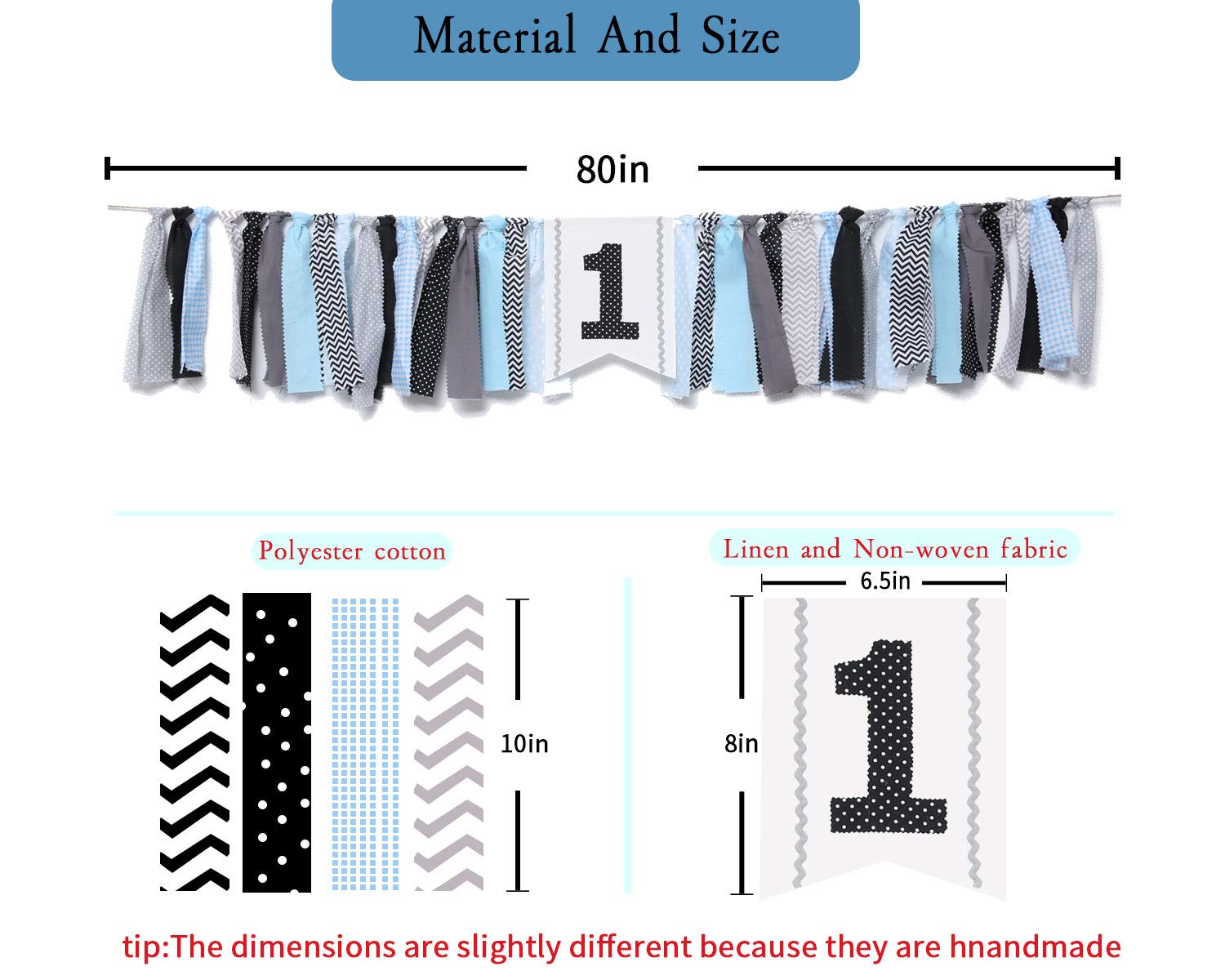 WAOUH 1st Birthday High Chair Banner - First Birthday Party Decorations, Rag Tie Fabric Garland, Photo Booth Props, Birthday Souvenir & Gifts (Black Blue) - Perfect for Baby's Milestone Celebration & Photo Shoots