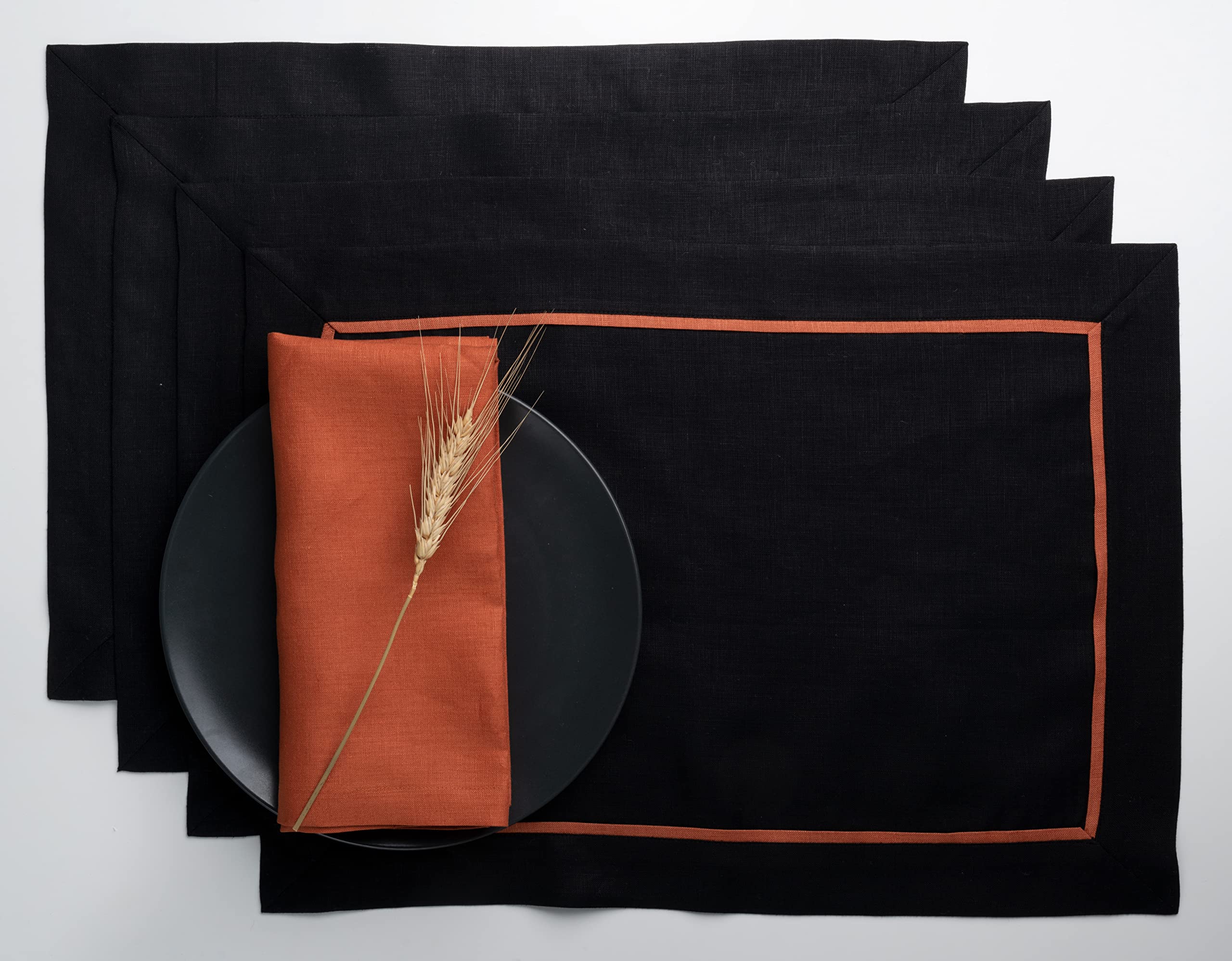 D'Moksha Homes 100% Pure Linen Placemats Set of 4 - Black with Pumpkin Trim (14x19 Inch) | Machine Washable Table Mats for Dining, Spring Decor & Holiday Entertaining | Elegant & Durable Fabric Place Settings