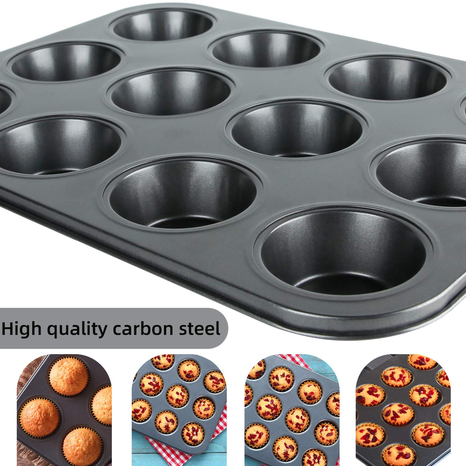 Nonstick 12-Cup Muffin Pan Set (2 Pack) - Premium Cupcake & Brownie Baking Tray for Oven, 13.9 x 10.5 x 1.2 Inch Black Bakeware - Perfect for Birthday Parties, Holiday Baking & Homemade Desserts