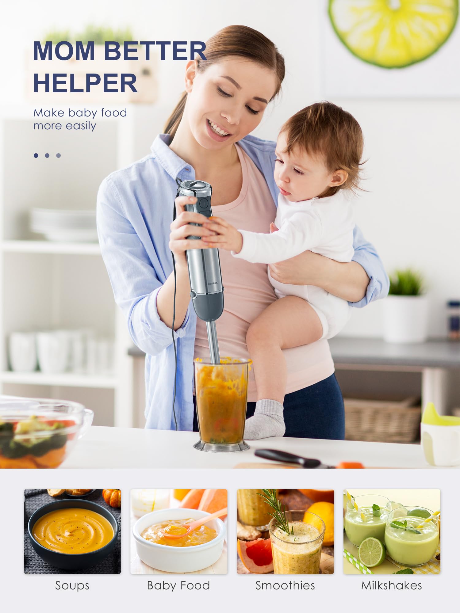 5-in-1 Immersion Hand Blender 1000W - Powerful Stainless Steel Stick Blender with Copper Motor, Mixing Beaker, Whisk & Milk Frother - Perfect for Smoothies, Baby Food Puree, Soups & Kitchen Prep (Gray)