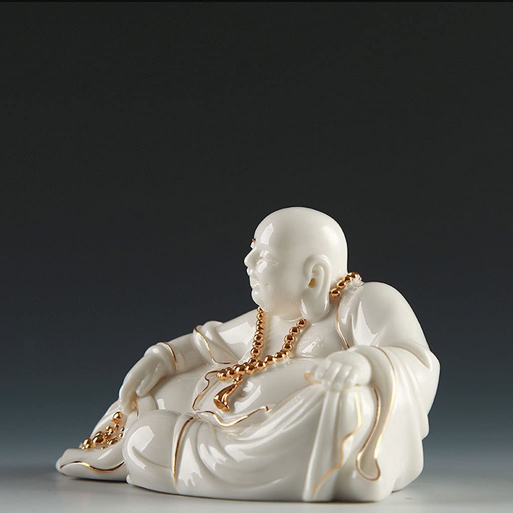 Laughing Buddha Statue - White Porcelain Sculpture for Good Luck, Happiness, Wealth & Peace - Buddhist Home & Office Decor for Meditation Room, Living Room & Workspace