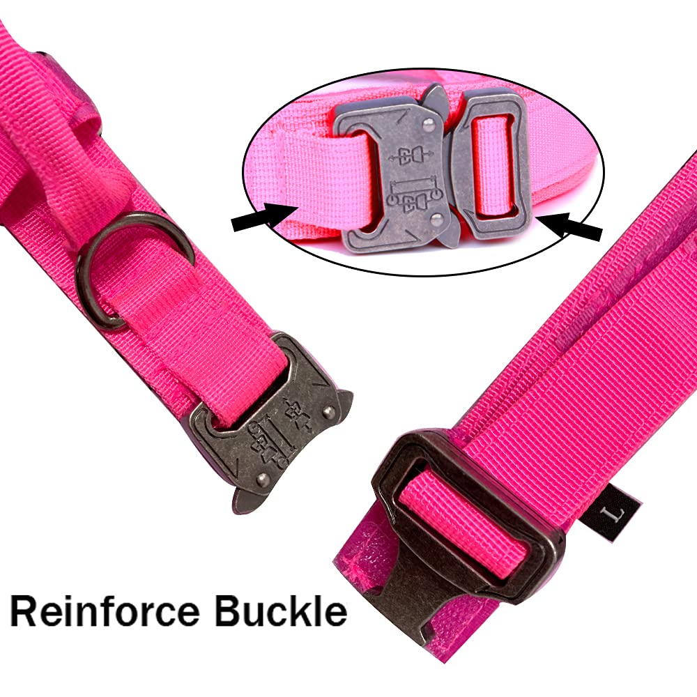 Tactical Military Dog Collar - Adjustable Heavy Duty Nylon Pet Collar with Metal Buckle & Handle for Training - Pink Medium Size - Perfect for Outdoor Adventures & Obedience Training