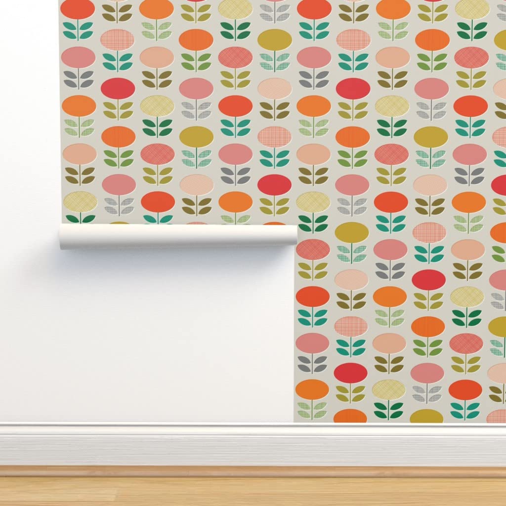 1960s Vintage Floral Peel & Stick Wallpaper - 12ft x 2ft Removable Self-Adhesive Wallpaper with Daisy Pattern in Pink, Green, Orange, Gold, Yellow, Teal & Olive | Perfect for Kitchen Backsplash, Accent Walls & Home Decor