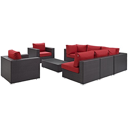 Modway Convene 8-Piece Wicker Rattan Outdoor Patio Sectional Sofa Set - Espresso Red - Durable Weather-Resistant Furniture for Backyard, Poolside & Garden Relaxation