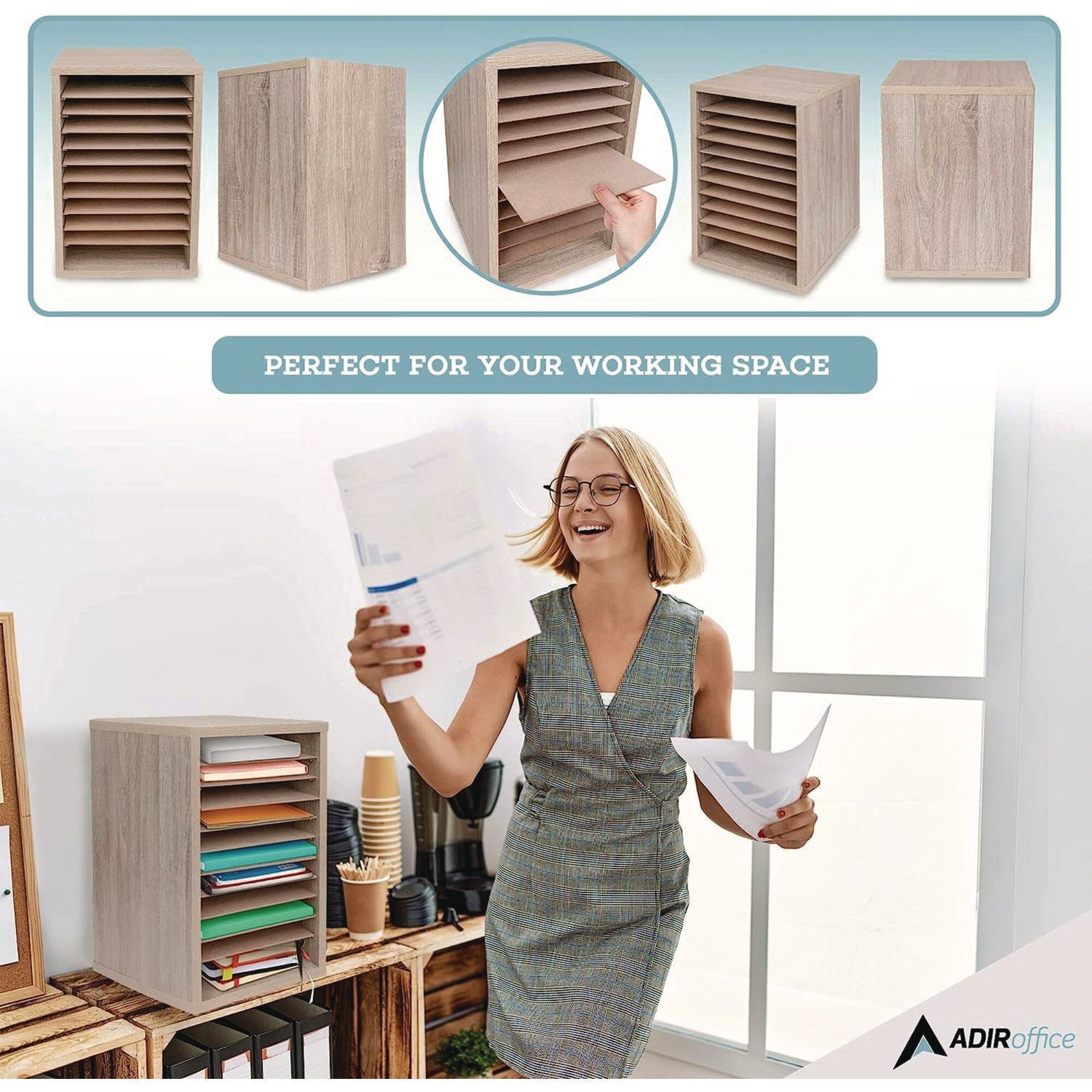 AdirOffice 11-Compartment Wooden Mail & Paper Sorter Organizer - Medium Oak - Letter Size (10.75