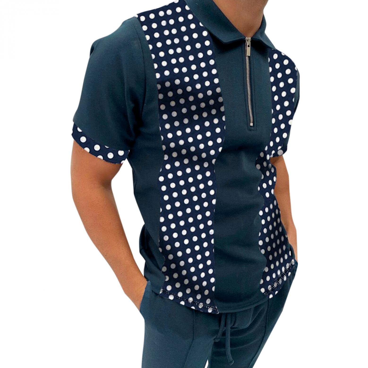 Men's Slim Fit Short Sleeve Polo Shirts - Casual Zipper Lapel Golf Shirts with Polka Dot Design | Breathable & Comfortable for Daily Wear, Office, Golf & Outdoor Activities