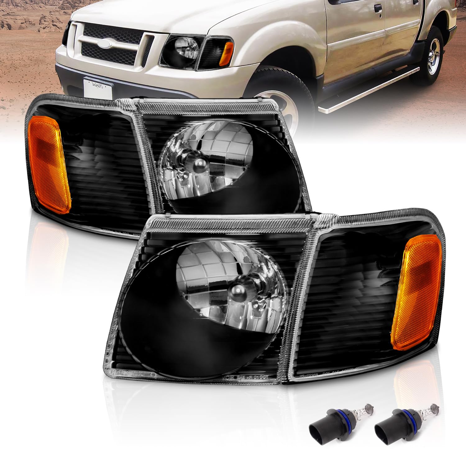 2001-2005 Ford Explorer Sport Trac Replacement Headlights - Crystal Black LED Headlight Assembly with Corner Lamps (Driver & Passenger Side) - Perfect for Night Driving & Off-Road Adventures