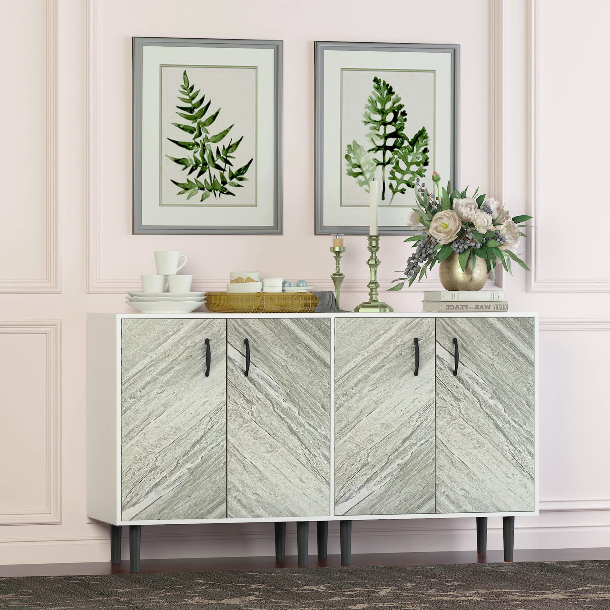 Modern 4-Door Buffet Cabinet with Marble Texture - Freestanding Sideboard Storage for Living Room, Kitchen, Dining Room & Bedroom - White | Entryway Floor Cabinet for Hallway & Home Decor