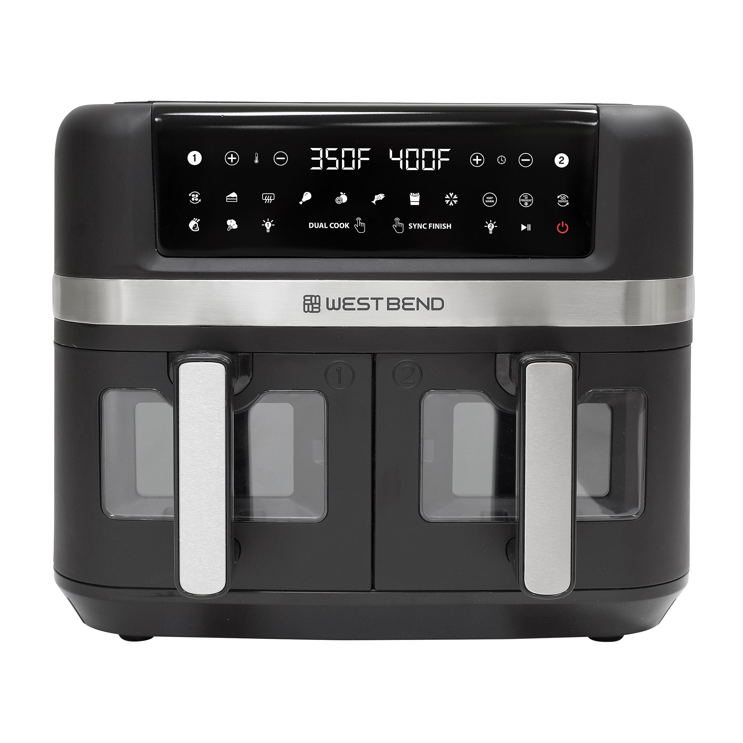 West Bend 10-Quart Dual Basket Air Fryer with Digital Controls, View Windows & 15 Presets - Nonstick Frying Baskets, Dual Zone Cooking, 1600W - Perfect for Family Meals, Healthy Snacks & Quick Weeknight Dinners - Black