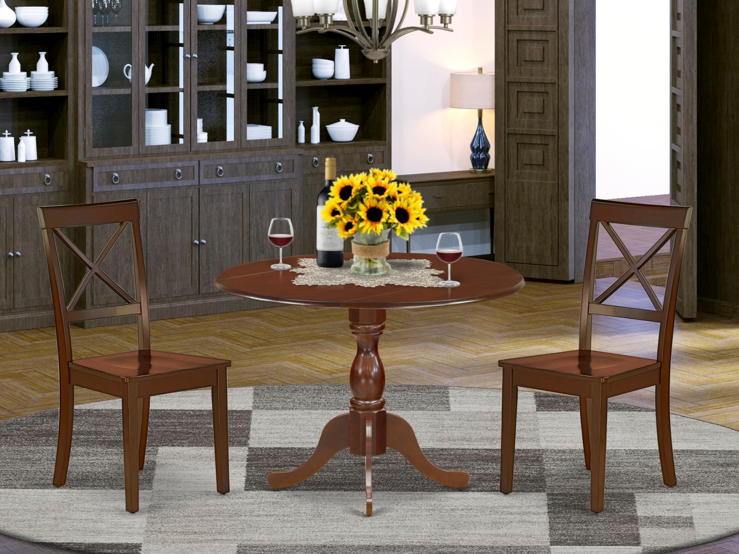 East West Furniture DMBO3-MAH-W 3-Piece Modern Mahogany Dining Set with Round Drop-Leaf Table & 2 Chairs, 42x42 Inch - Perfect for Small Spaces, Breakfast Nooks & Cozy Apartments