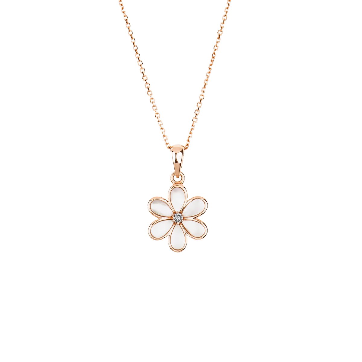 14K Rose Gold Mother of Pearl Flower Pendant Necklace with Diamond Center - Elegant Jewelry for Women, Perfect for Weddings, Anniversaries & Special Occasions