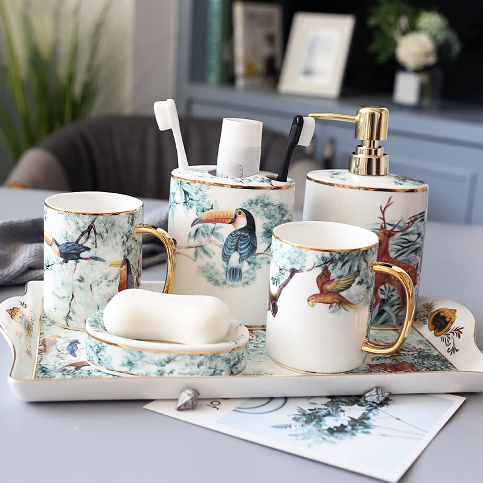 Zhangjinyishop2016 6-Piece Ceramic Animal Pattern Soap Dispenser Set with Tray | Kitchen & Bathroom Soap Dispenser for Home, Hotel | Perfect for Hand Wash, Lotion, and Liquid Soap in Kitchen, Bathroom, and Guest Rooms