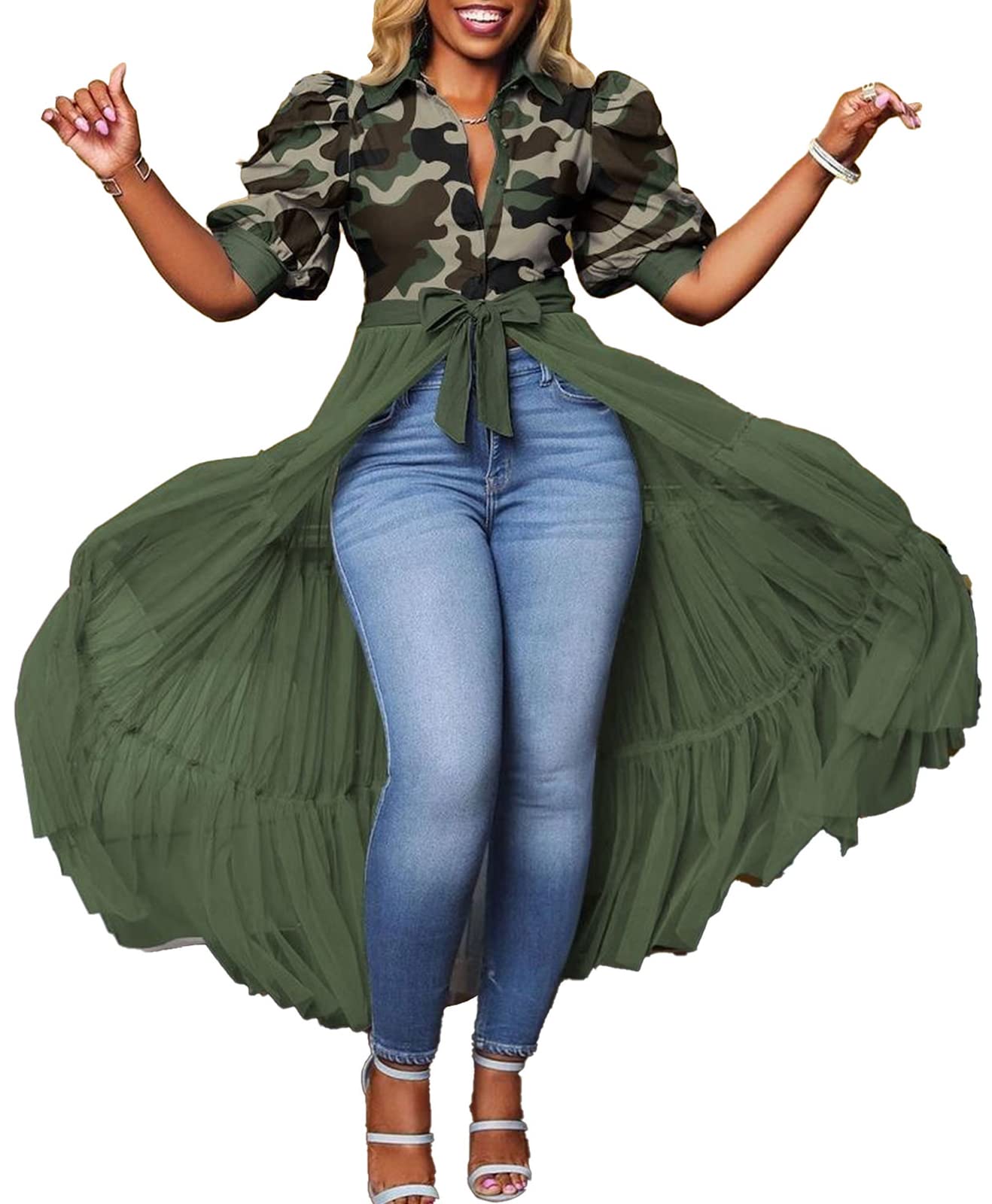 Choichic Women's Sheer Mesh Patchwork Maxi Dress - Button Down Shirt with Belt, High Waist Short Sleeve Tunic - Perfect for Summer Beach, Party & Casual Wear
