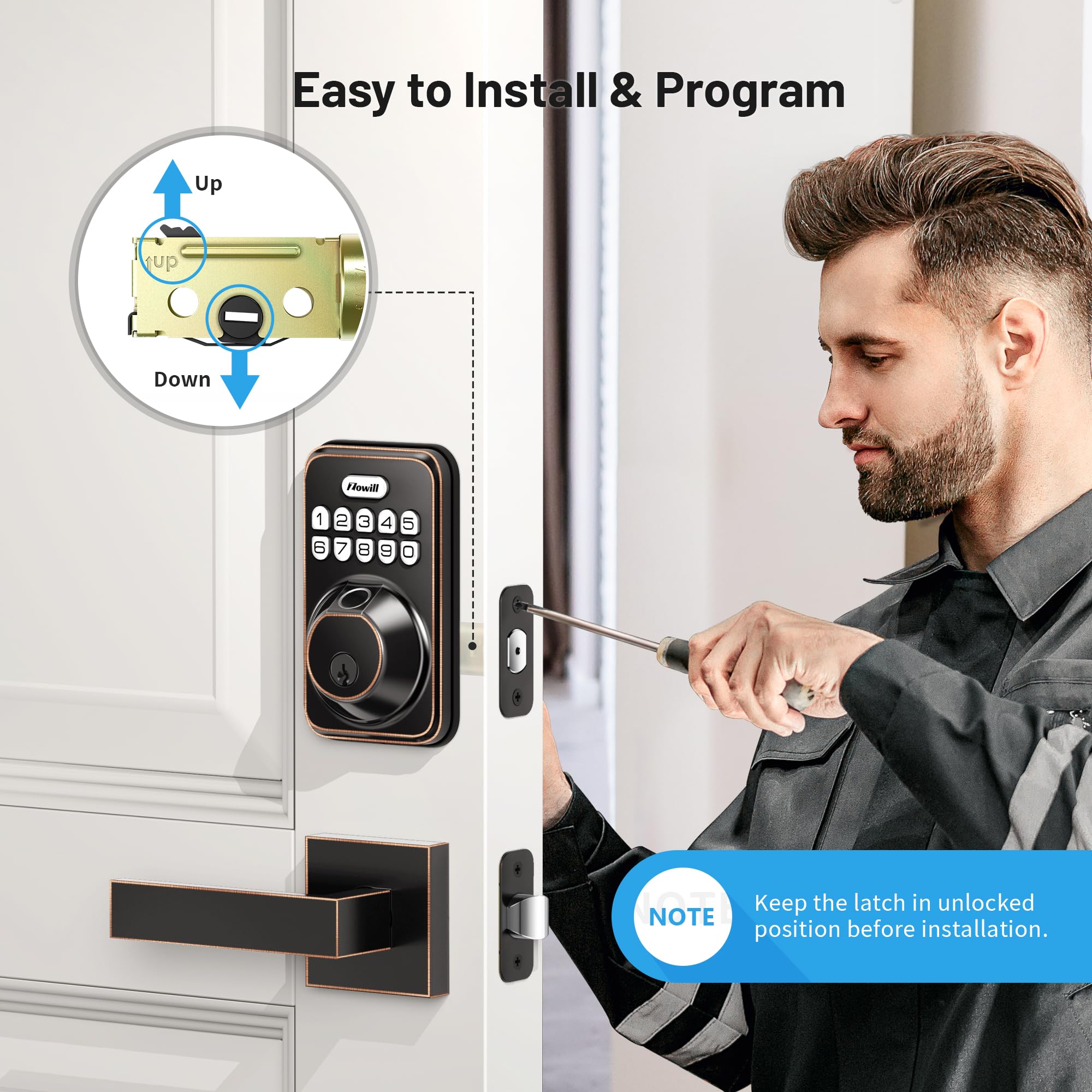 Zowill DK02A-L Smart Fingerprint Front Door Lock Set with 2 Handles - Auto Lock & One-Touch Lock, Easy Installation, Electronic Keypad Deadbolt, Keyless Entry Door Lock for Home Security | Perfect for Apartments, Houses & Vacation Homes