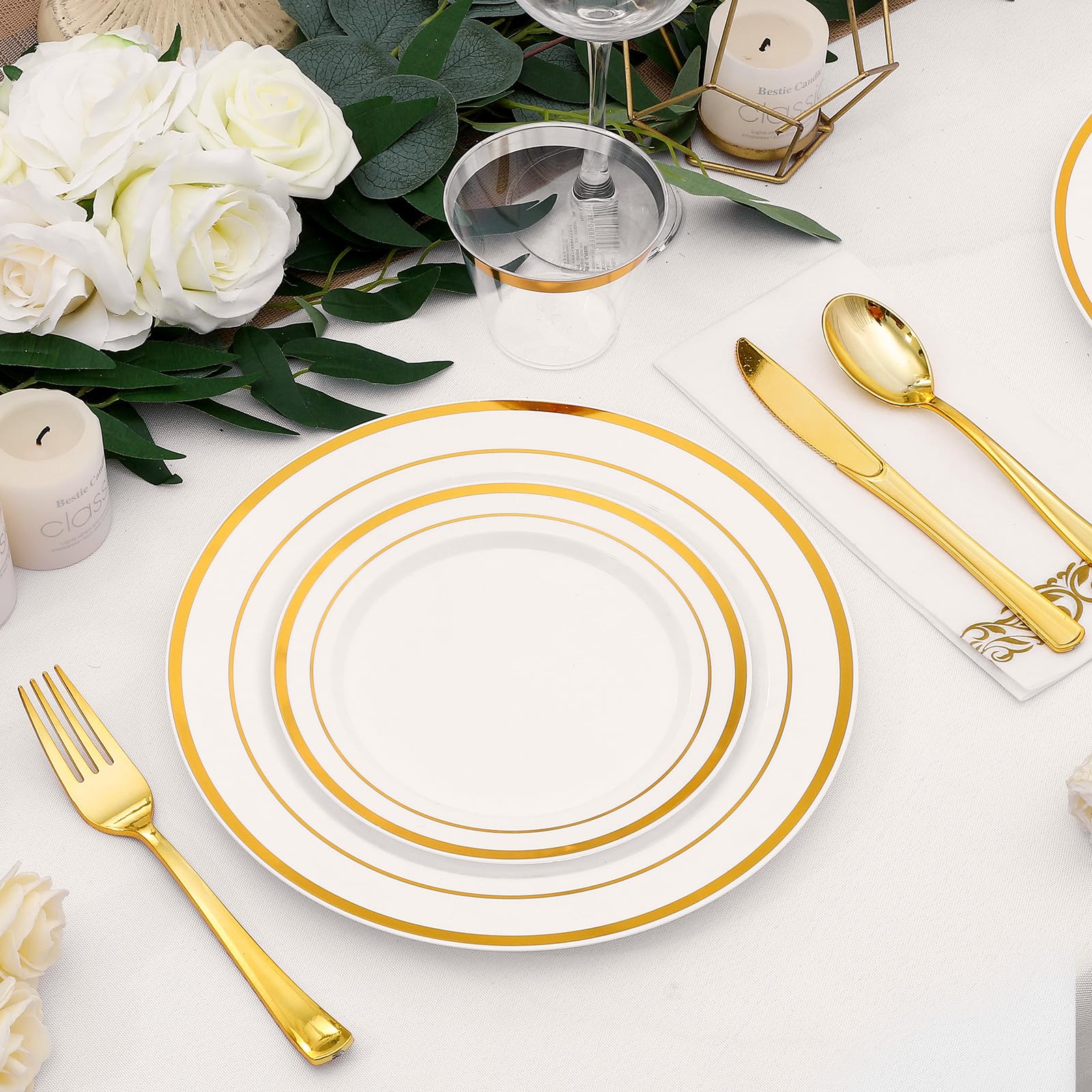 350-Piece Gold Rim Disposable Plastic Dinnerware Set for 50 Guests - Elegant Party & Wedding Tableware Includes Dinner Plates, Dessert Plates, Gold Silverware, Napkins & Cups - Perfect for Banquets, Bridal Showers, Anniversary Celebrations & Formal Events